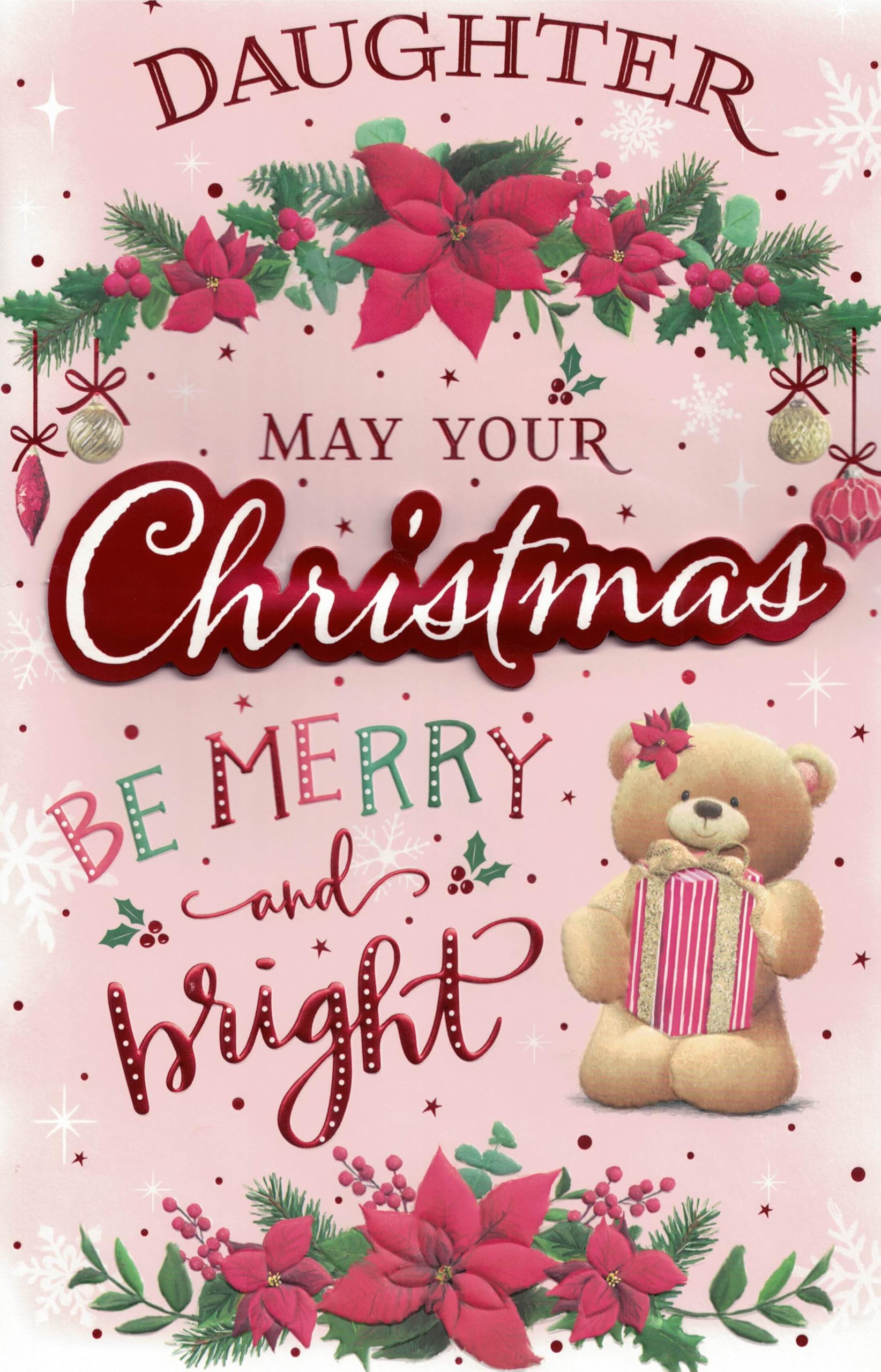 Extra Large Daughter Christmas Card, Cute Xmas Design, 8 Page Insert, 30.48 x 20.32 cm, Pink, 31 cm x 21 cm