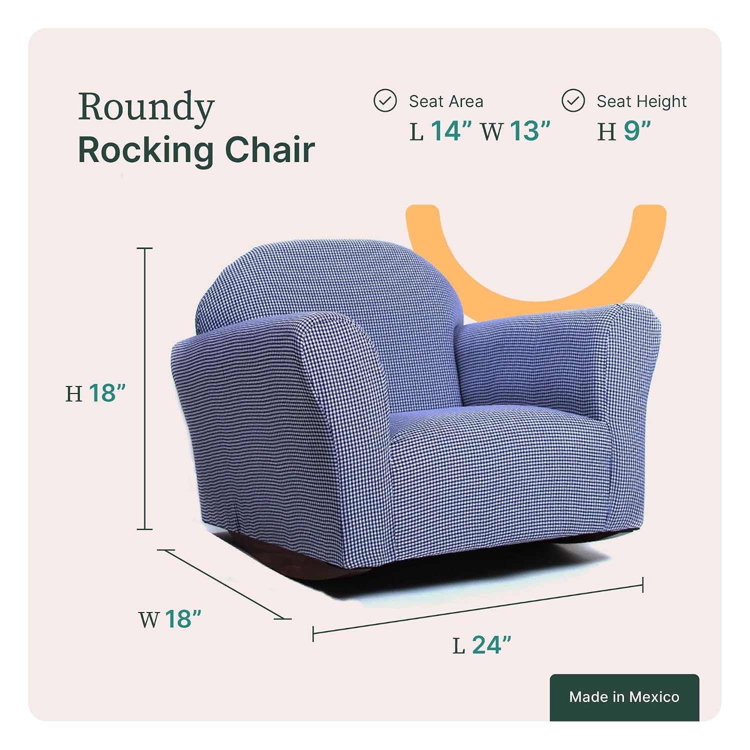 Gingham Rocking Chair for Kids – Soft Microsuede Upholstery, Sturdy Wooden Frame, Ergonomic Padded Seat, Smooth Rocking Motion, Easy to Clean, Ages 2–5, Perfect for Bedrooms & Playrooms.