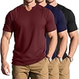 3 Pack Men's Big and Tall T Shirts Fit Ribbed V Neck Short Sleeves Henley Tops Muscle Gym Summer Basic Tee