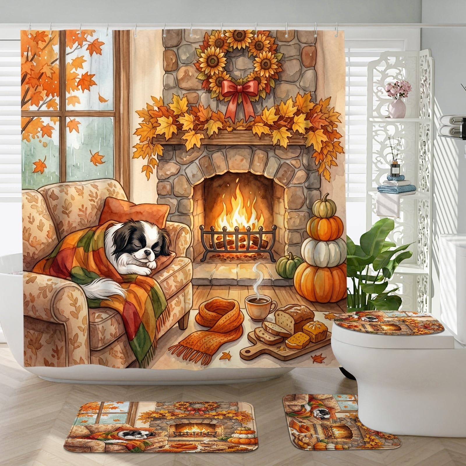 Ensemble rideau de douche tapis de bain chien japonais d'automne et WC en U