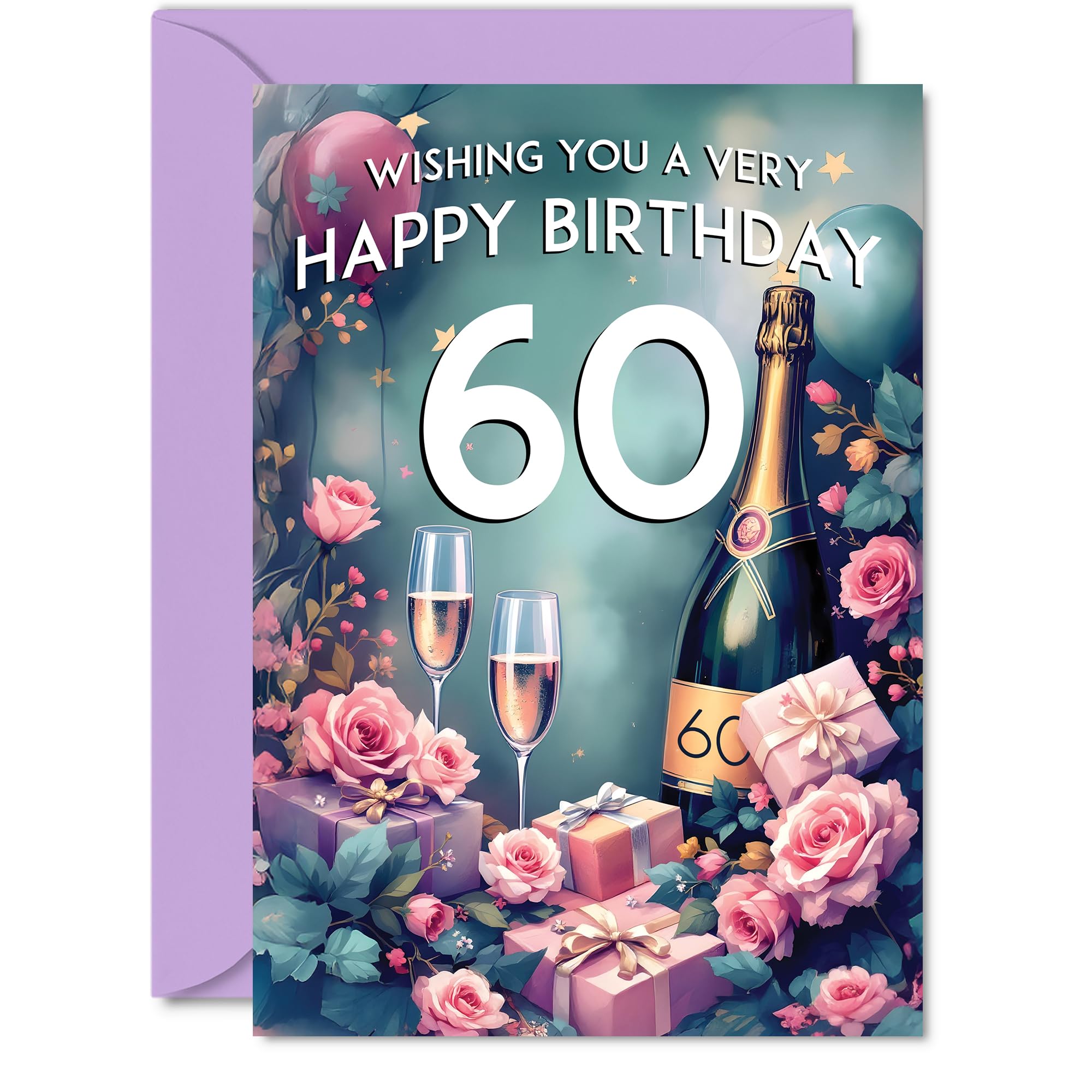 60th Birthday Card, Pink Presents Champagne Bottle