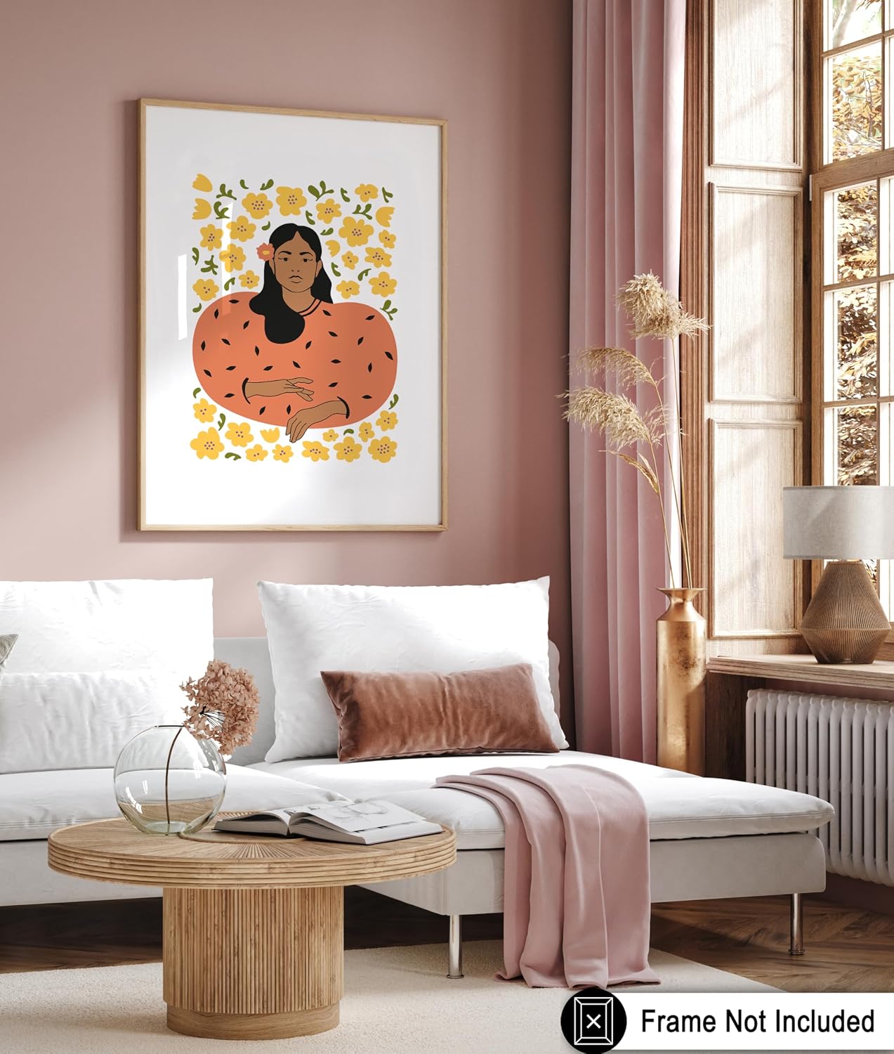 Poster Master Woman & Flowers Poster – Retro Yellow Flower Print – Girly Art – Modern Design – Floral & Woman Artwork – Chic Boho Style – Aesthetic Office or Girl’s Bedroom Decor – 8x10 UNFRAMED