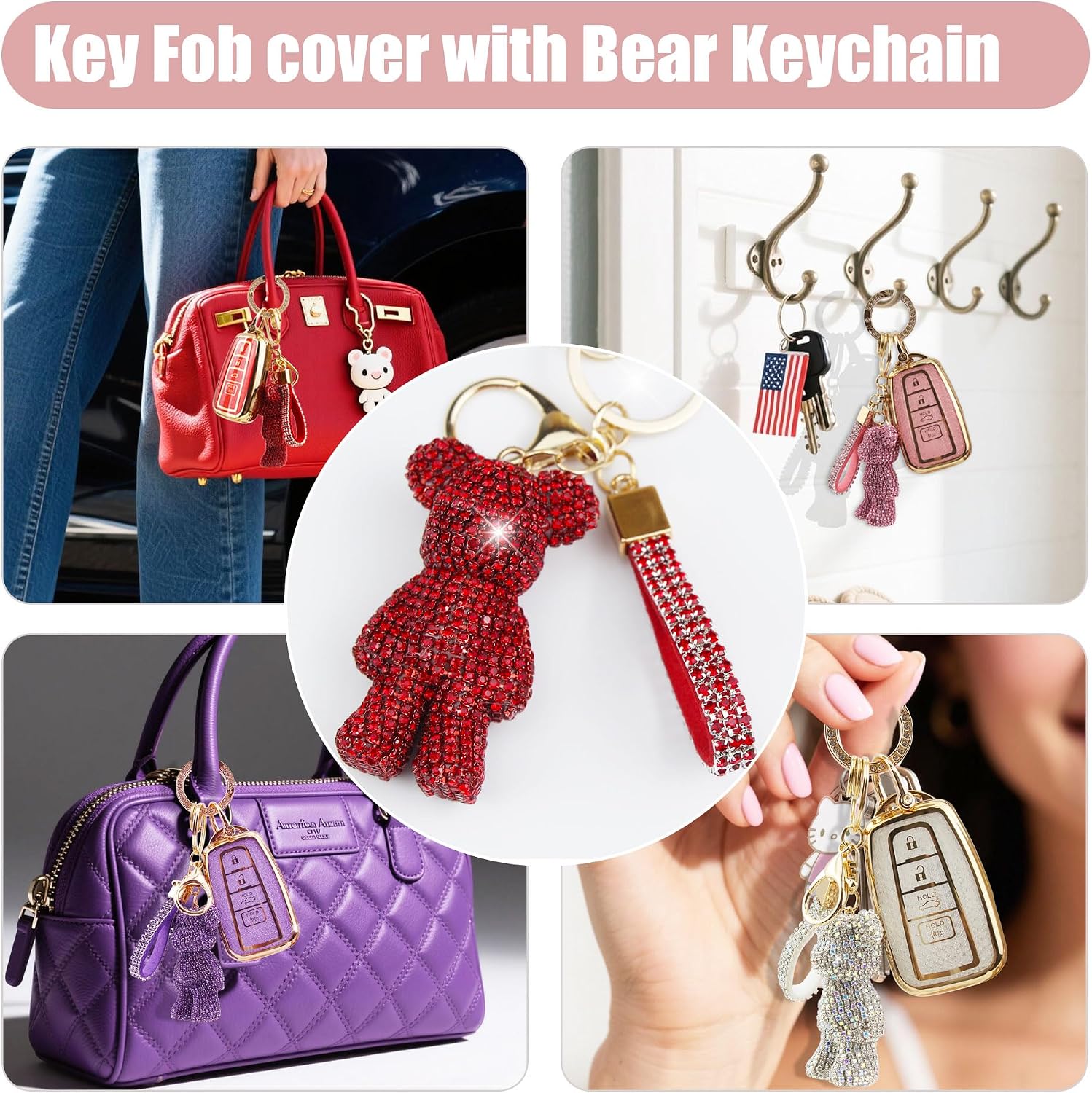 Cute Key Fob Cover with Rhinestone Bear Charm, Bling TPU Smart Key Case for Women, Compatible with Hyundai Santa Fe Santa Fe Sport Sonata Sonata Sport 2013-2019 (4-Button, Gold Red) image 5