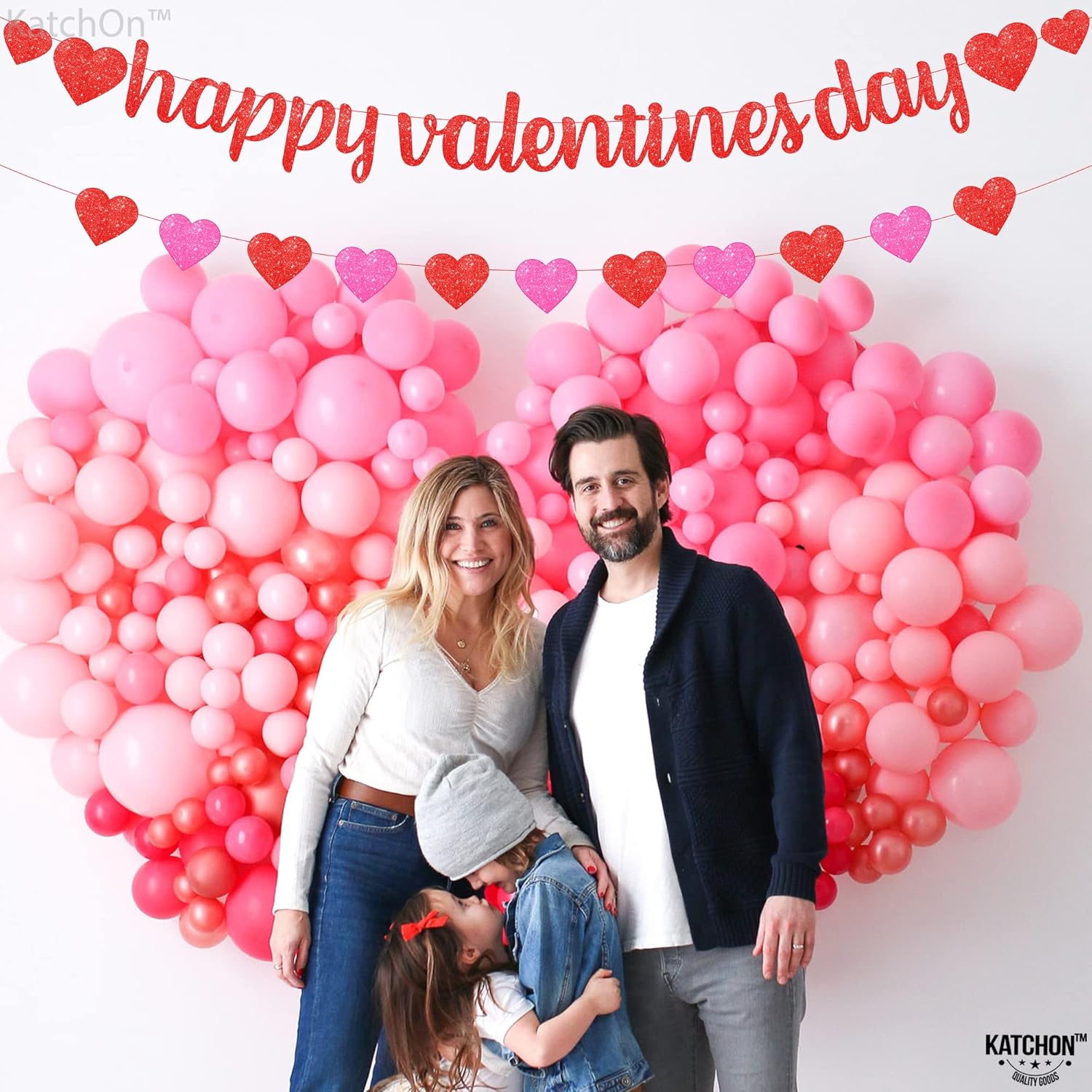 Glitter Happy Valentines Day Banner - 10 Feet, No DIY and Pink Balloon Arch Kit - 18 Inch, Huge Pack of 186 | Red Pink Heart Garland, Valentines Day Decorations | Classroom Valentines Decorations