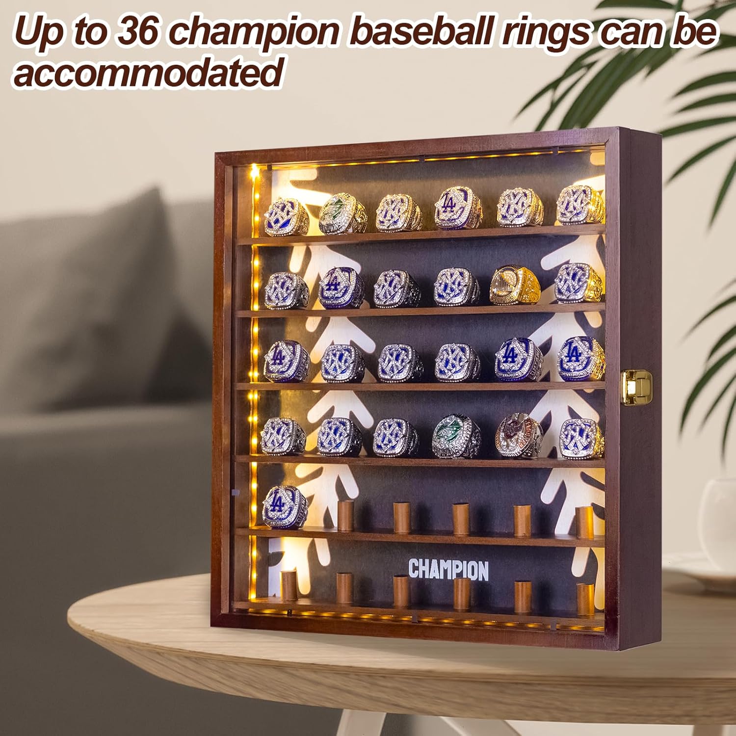 Championship Ring Display Case,Baseball Ring Display Case,36 Slots Baseball Ring Holder Case Wall Mount,Wooden Ring Organizer Box with LED Light for Collection Sports Champion Rings