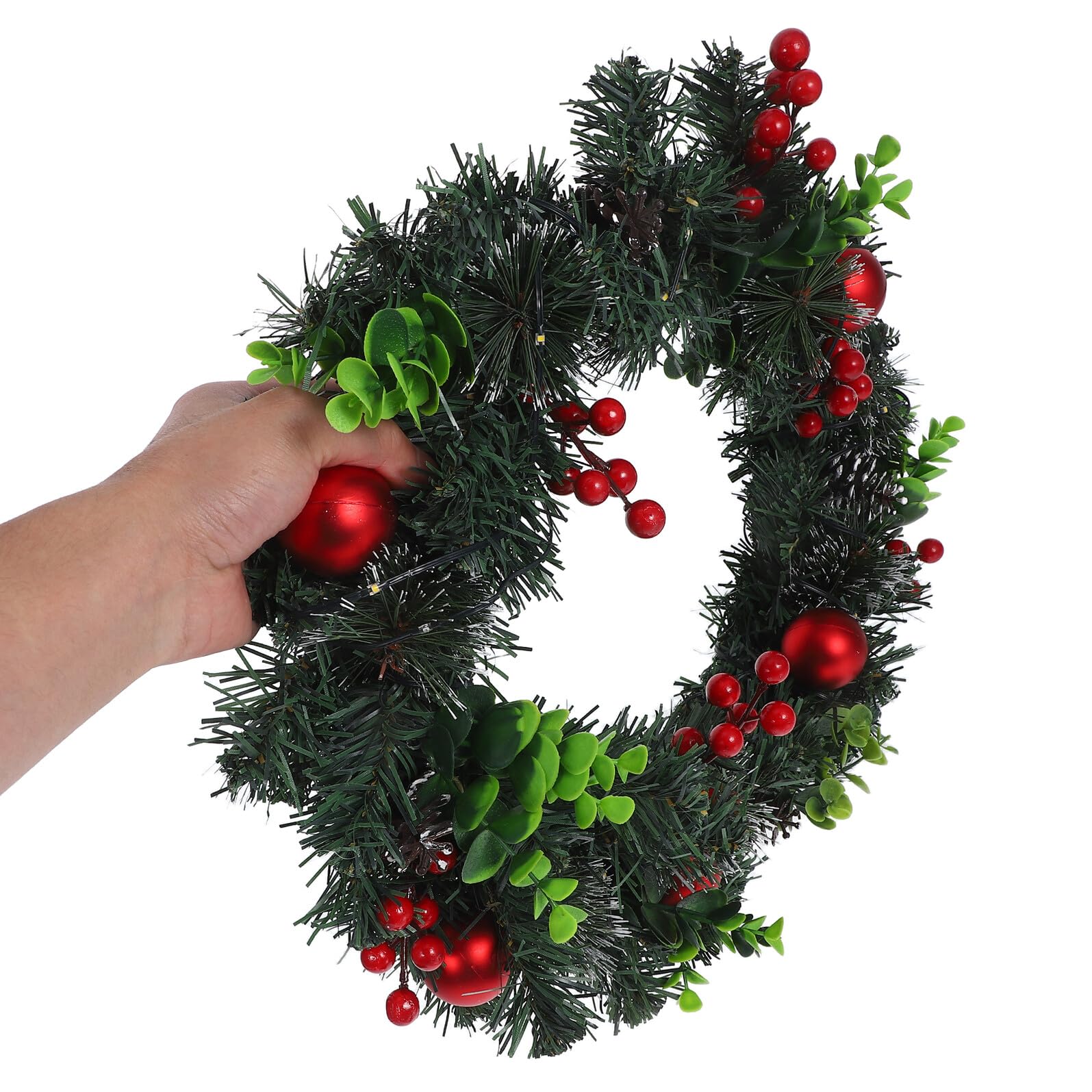 Cabilock Navideña Artificial LED con Bayas Rojas Piñas Bolas y Agujas de Pino para Puerta Frontal Pared o Ventanas Decoración Exterior Interior para Fiestas