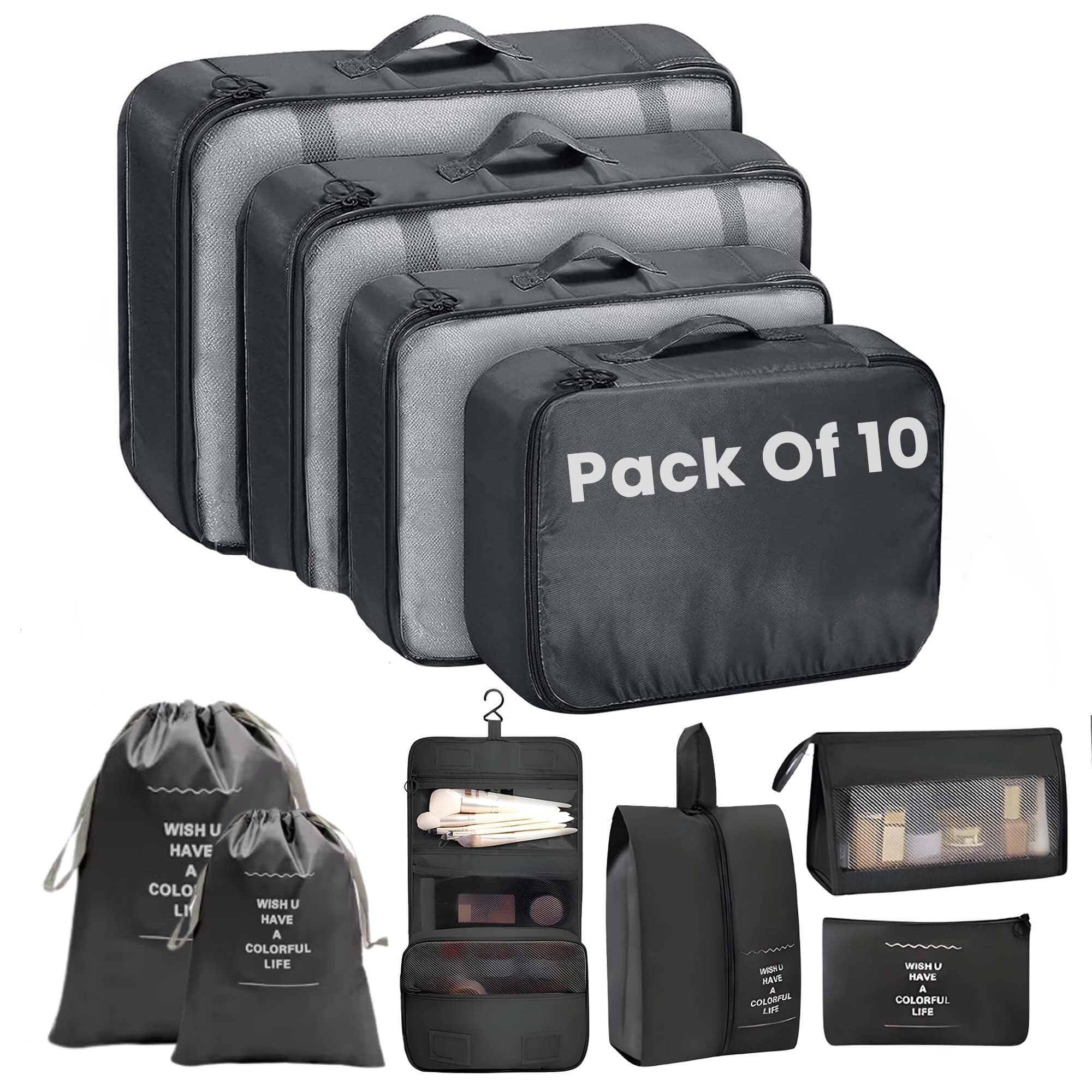 OCEANEVOMesh Set of 10 Pieces Packing Cubes Organiser for Travel, Suitcase includes 2 Drawstring Bags, Shoe Bag and Toiletry Bag with Hook - Set of 10 - Black, 32 x 11 cm