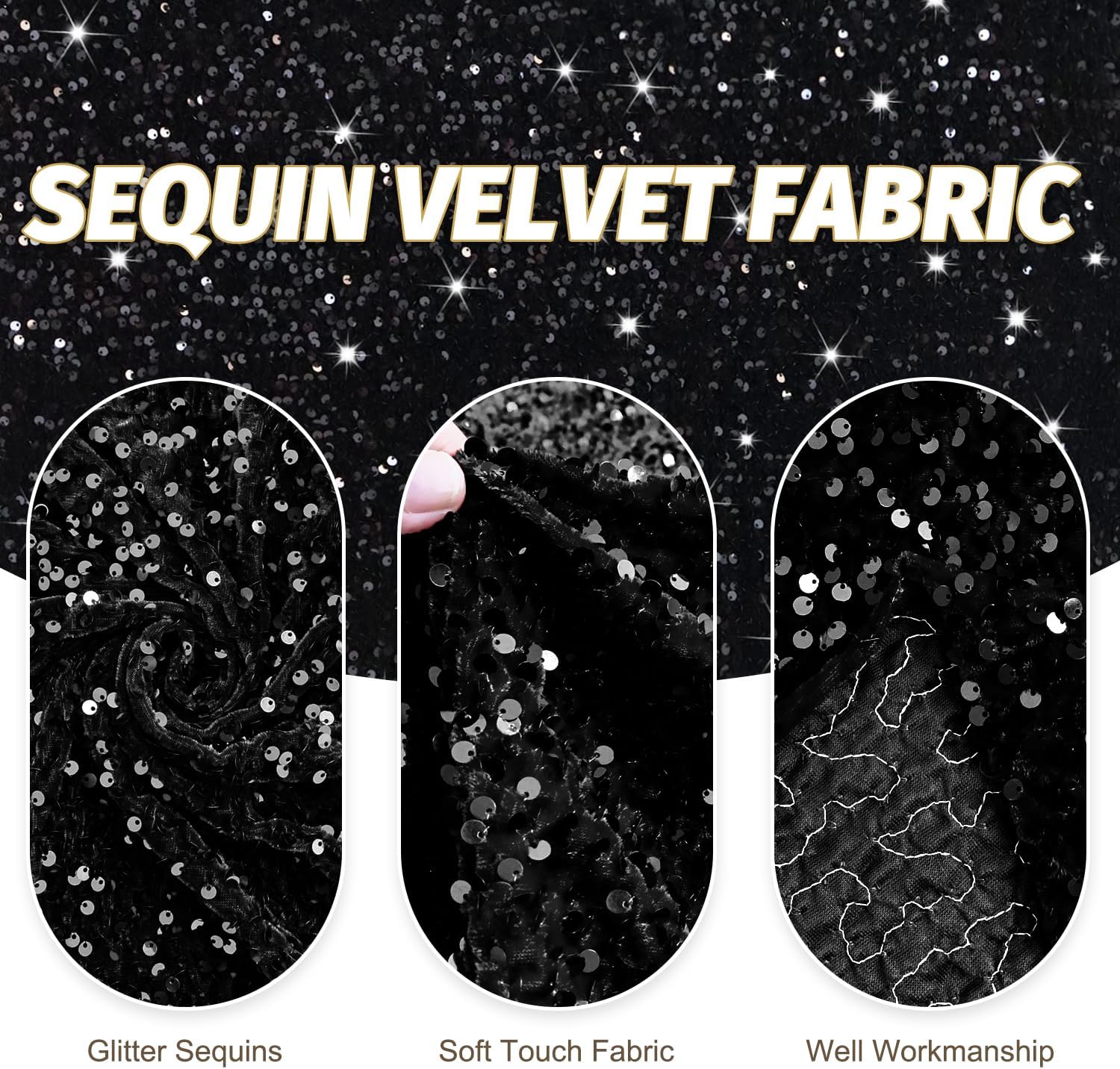 FOTSHARER Sequin Fabric by The Yard Black Velvet Stretch Fabric 2 Yards Embroidered Sequined Material Mermaid Sequins Flip up Fabric Sequin Fabric Sensory Wall for Party Prom Dresses Wall Deocration