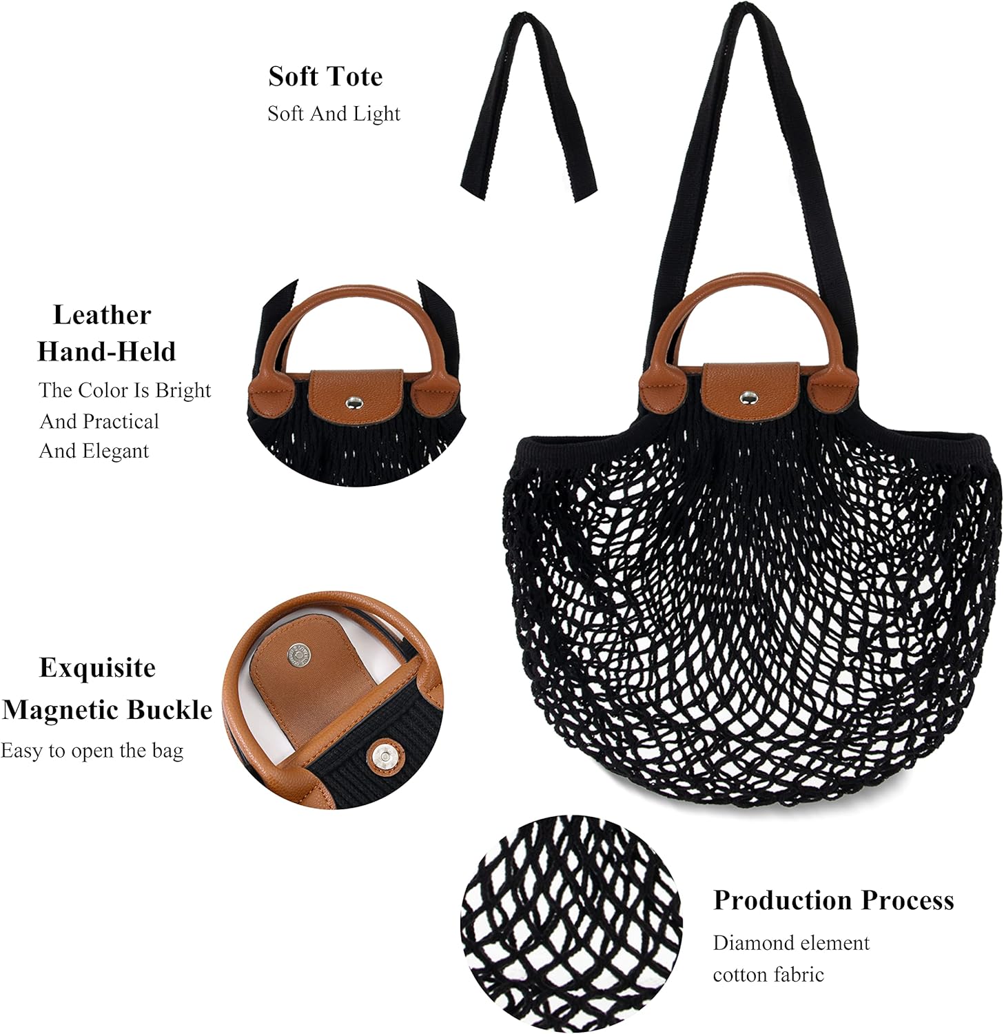 Hibala Woven Bag for Women, Fishing net bag,Straw Mesh Tote Bag, Beach,Hobo Bag, Foldable Large Capacity (Black)