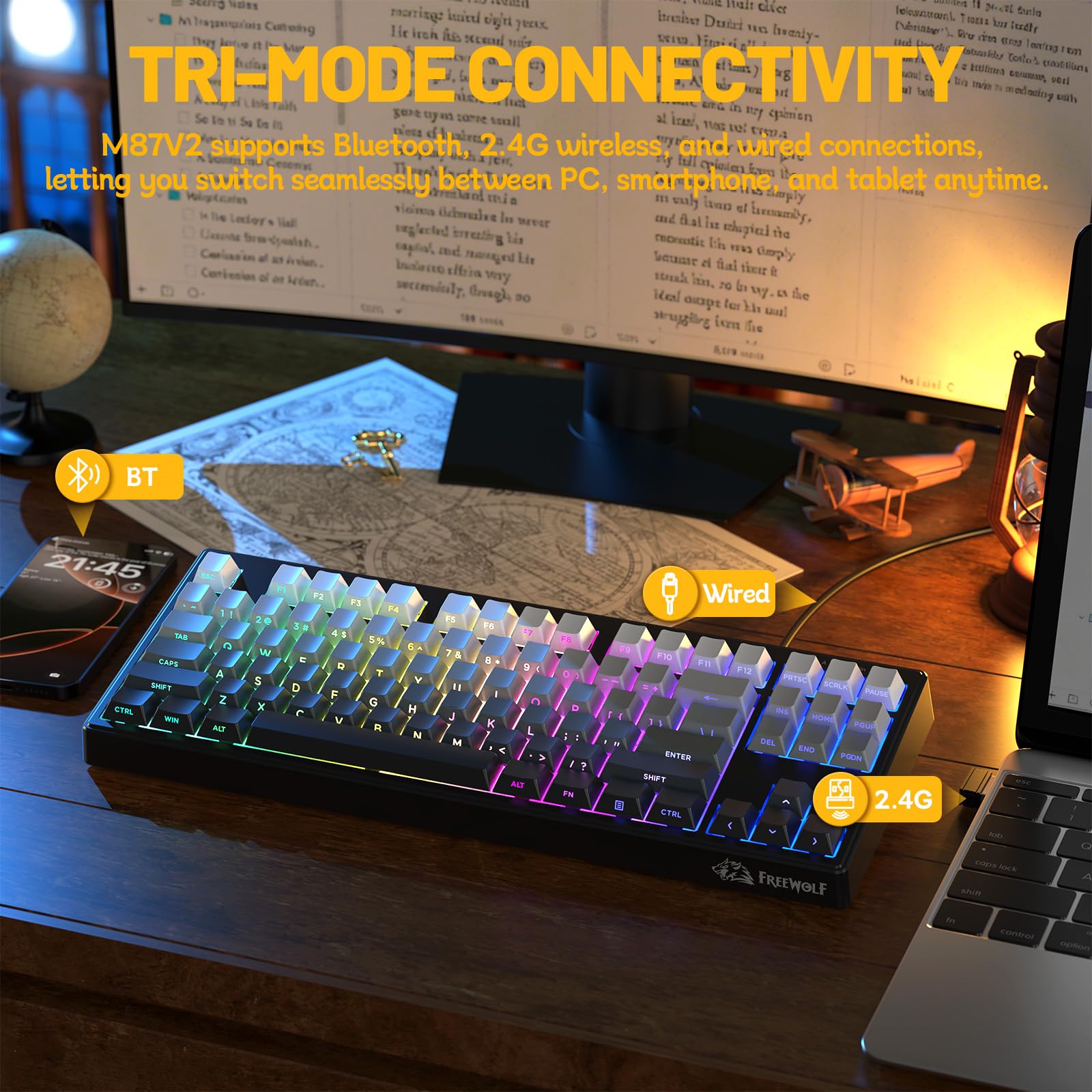 FREEWOLF M87V2 Wireless Gaming Keyboard, Tri-Mode BT/2.4G/cablata, silenziosa e delicata, 4000 mAh, tasti con stampa laterale, QWERTY US, anti-ghosting, 16 m RGB, per Mac/Win