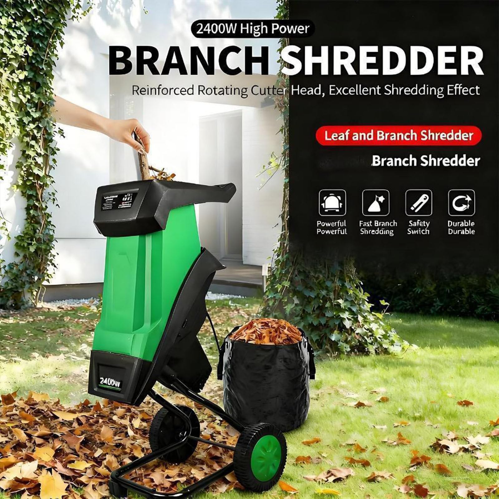 Biotrituratore Elettrico per Legno e Foglie 2400W, 4500 Giri/Min, Sacco di Raccolta 50L, per Rami 0-40mm