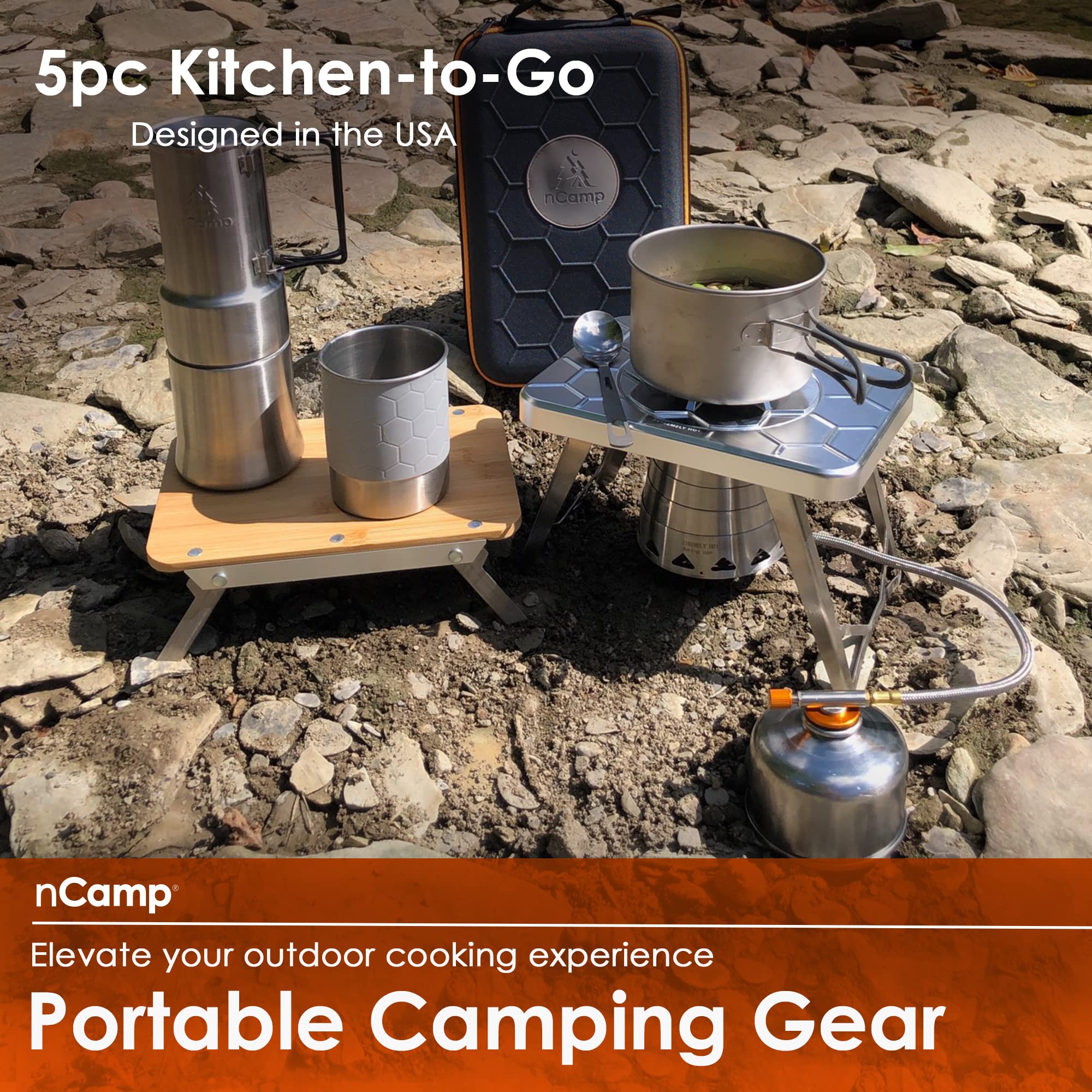 nCamp Kitchen to Go 5-częściowy pakiet, przenośna, kompaktowa, wielopaliwowa kuchenka kempingowa, adapter z propanem ISO, podwyższona powierzchnia bambusowa, ekspres do kawy, torba do przenoszenia, na