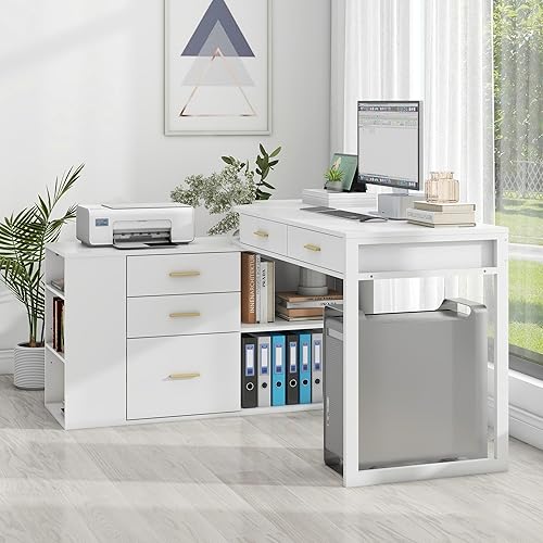 Miniatura 6 de Vabches Escritorio en forma de L de 55 pulgadas con armario de almacenamiento, escritorio de computadora para uso en la oficina en casa, escritorio