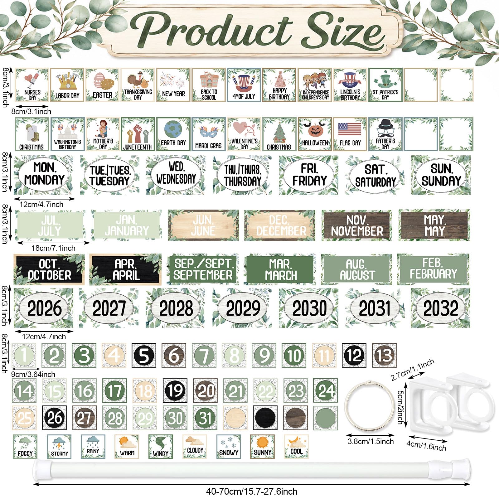 Calendario abatible con soporte ajustable, hojas de eucalipto, juego de decoración de tablón de anuncios, 96 tarjetas de fecha, calendario abatible ajustable para sala de estudio, aula, decoración del