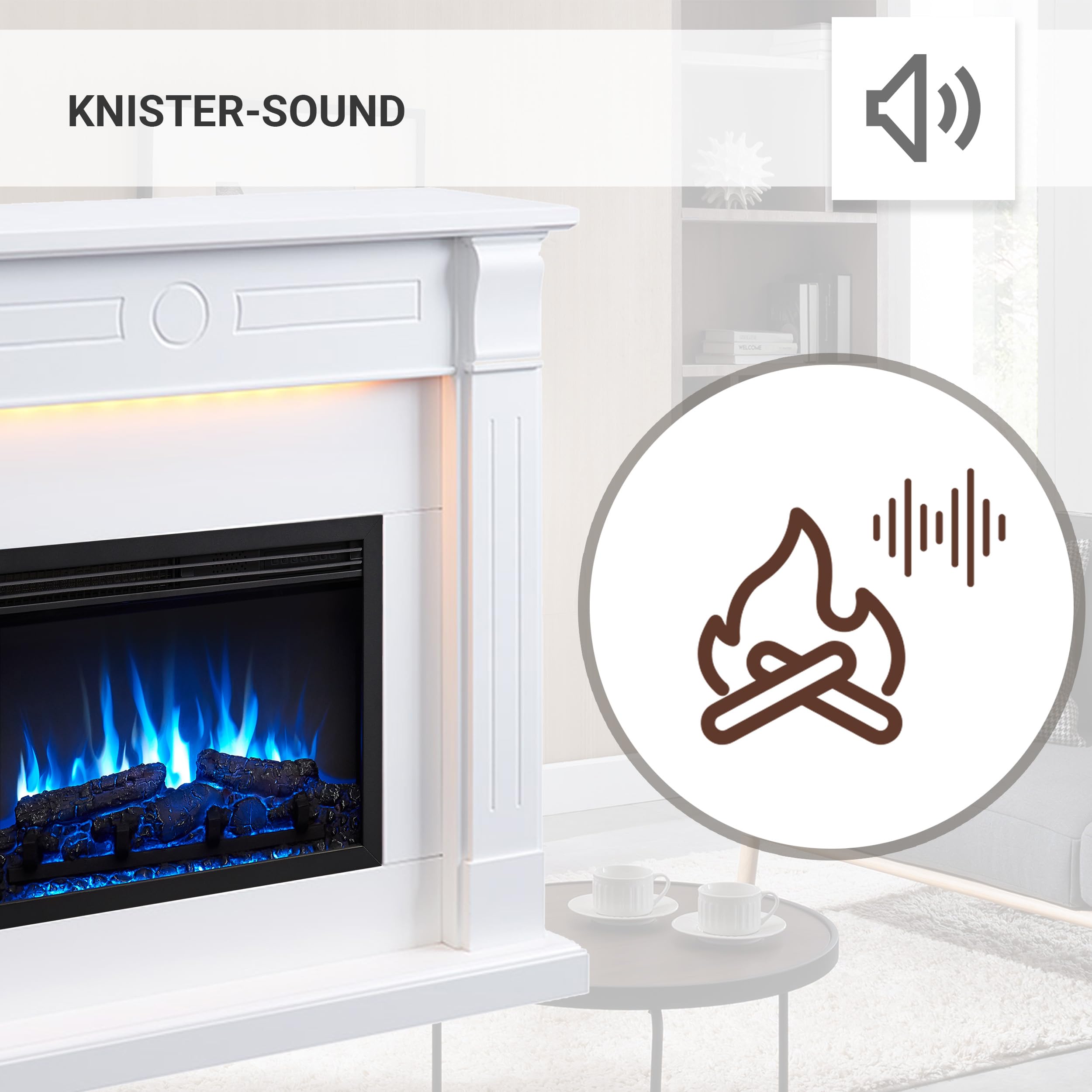 Elektrokamin BALDERIA Hikaru - Standkamin mit Heizung bis 2000W, 3D-Flammeneffekt, LED-Beleuchtung, Knister-Sound, App-Steuerung, WiFi, Fernbedienung, Timer, Thermostat - Weiß