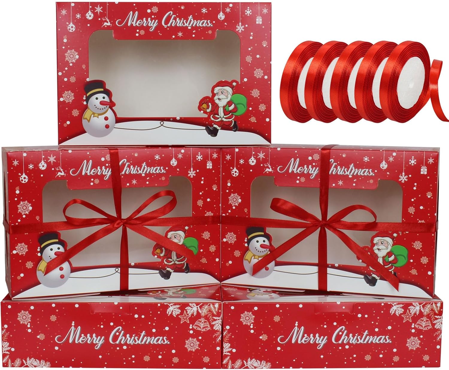 50PCS Christmas Cookie Boxes 9.44x6.1x2.95 Inches Bakery Boxes with Window Pastry Boxes for Gift Giving, Cupcake Boxes,Candy Box,Cake Boxes,Treat Boxes,Small Gift Box for Christmas Happy(Red)