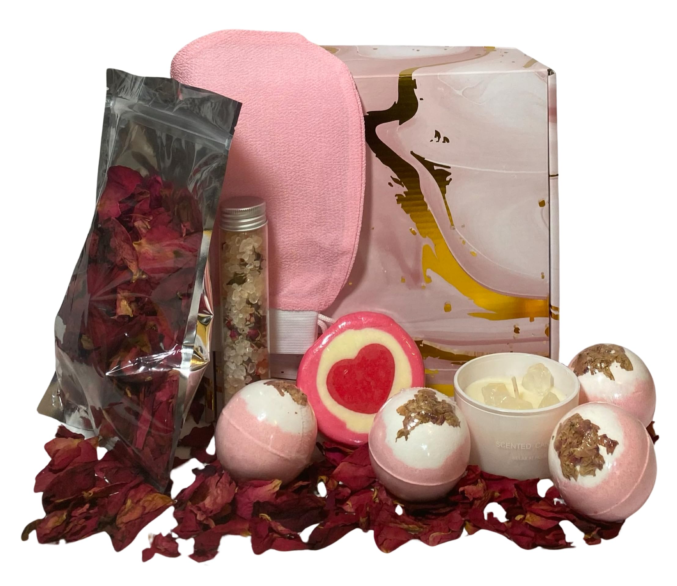 GoBooyaka Ultimate Relaxation Bath Bundle Set - 4-Piece Rose Bath Bombs, Bubble Bath Salt Ball, Coconut Soy Candle, Exfoliating Glove, Bath Salts, and Dried Rose Petals
