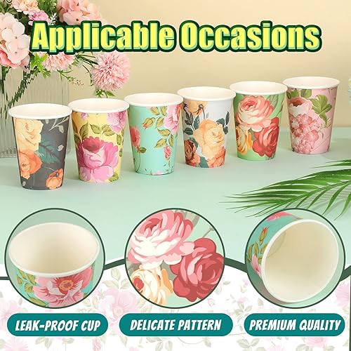 Miniatura 10 de 150 tazas de café de fiesta floral vintage tazas de té de papel de 9 onzas tazas de café desechables a granel tazas de papel aisladas florales para