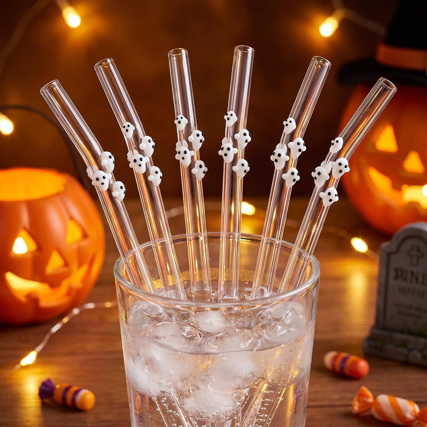 Honeydak 6 Pcs Halloween Ghost Glass Straws Reusable Halloween Straws