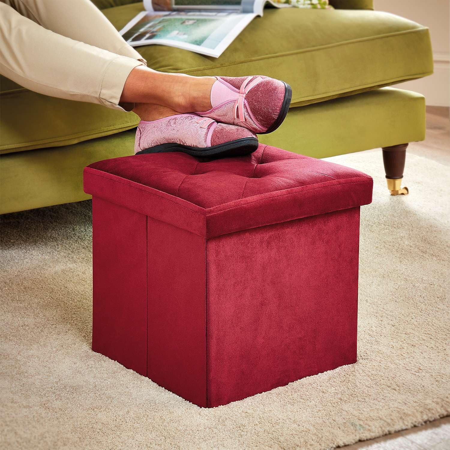 Coopers of Stortford Velvet Multi-use Foldable Footstool and Storage Box (Wine)