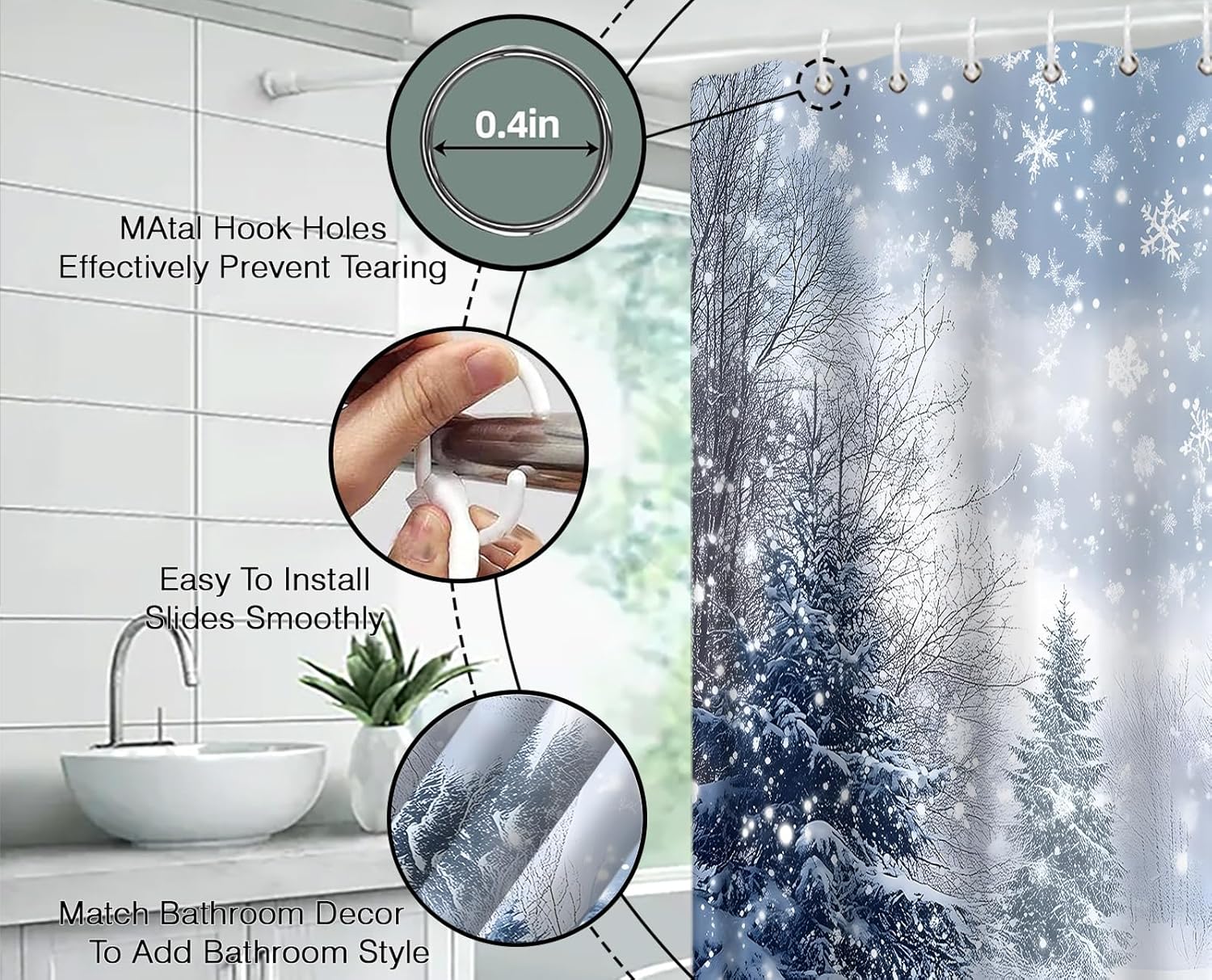 Winter Shower Curtain Snowy Covered Forest Pine Tree Snowflake Xmas Natural Scene Seasonal 70" Wx84 H Fabric Bathroom Decor Curtain with Hooks