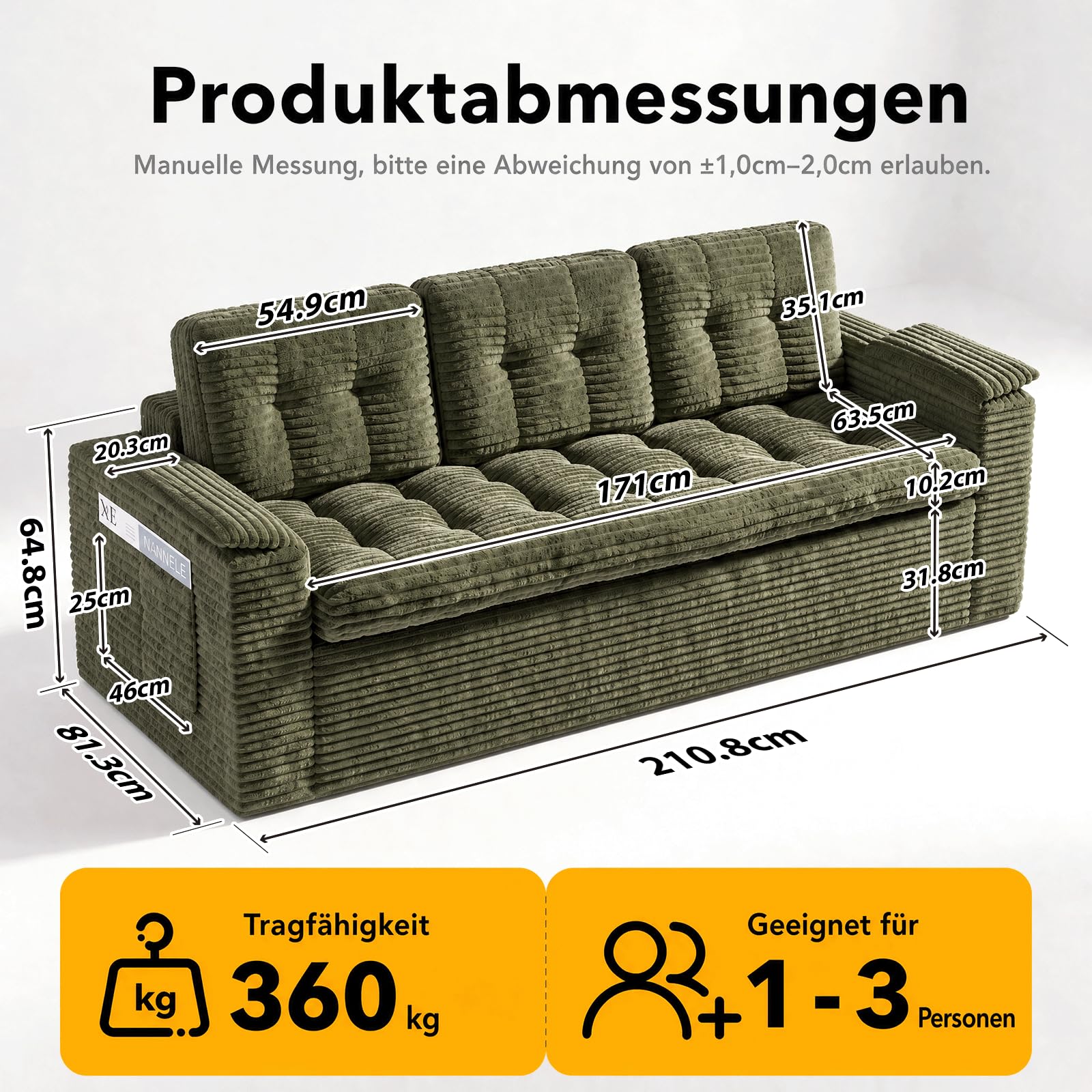 Fabulcozy 3-Sitzer Sofa 210 cm aus Cord mit Fußstütze, Seitentaschen, Armlehnenkissen und 3 Kissen inklusive, Bequeme Polsterung, für Wohnzimmer, Apartment,Grün