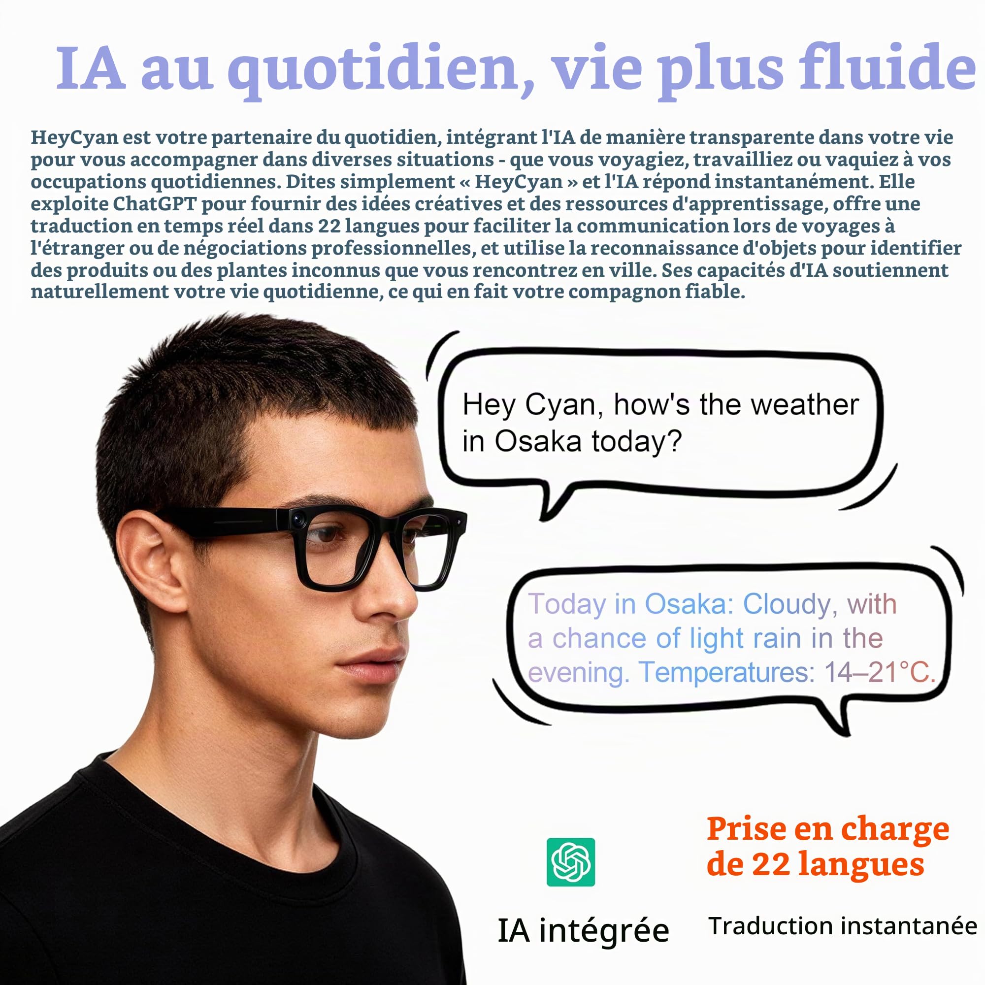 G300 Lunettes AI 8MP 1080P 32GB Traduction HiFi Verres solaires | Traduction Multilingue en Temps Réel, Double Haut-parleurs HIFI, Verres Solaires & Anti-Lumière Bleue