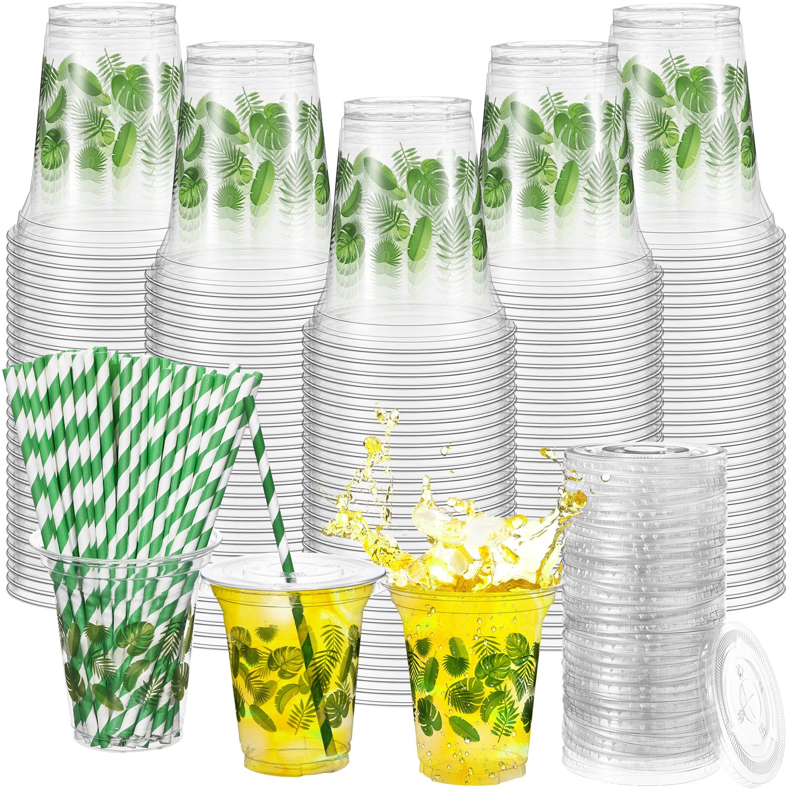 Umigy 100 Pack Plastic Disposable Cups with Lids and Straws 12 oz Disposable Cups for Juice Water Coffee Summer Party Sports Party Supplies(Palm Leaf)