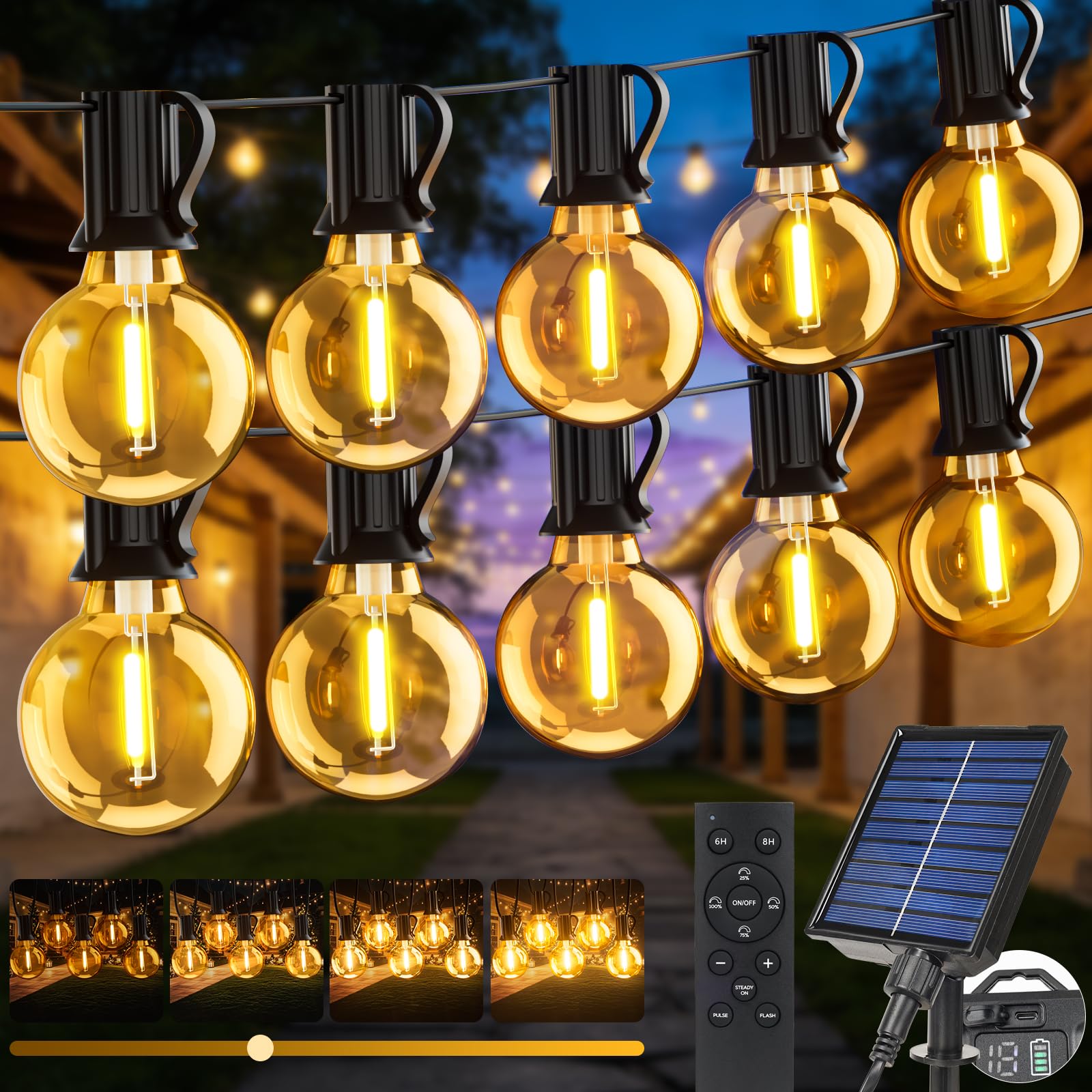 Solar Fairy Lights Outdoor 15 m, Fairy Lights Outdoor Solar with Remote Control, IP65 Waterproof, Dimmable 3 Modes, 17 + 1 G40 Bulbs, LED Solar Fairy Lights for Garden, Balcony, Patio, Party-image-0