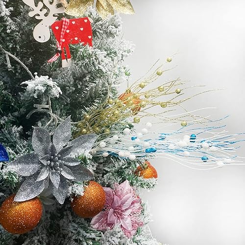 Miniatura 6 de Decoración de tallos de bayas artificiales con purpurina para Navidad, palitos decorativos de cuentas, ramas brillantes para árbol de Navidad,