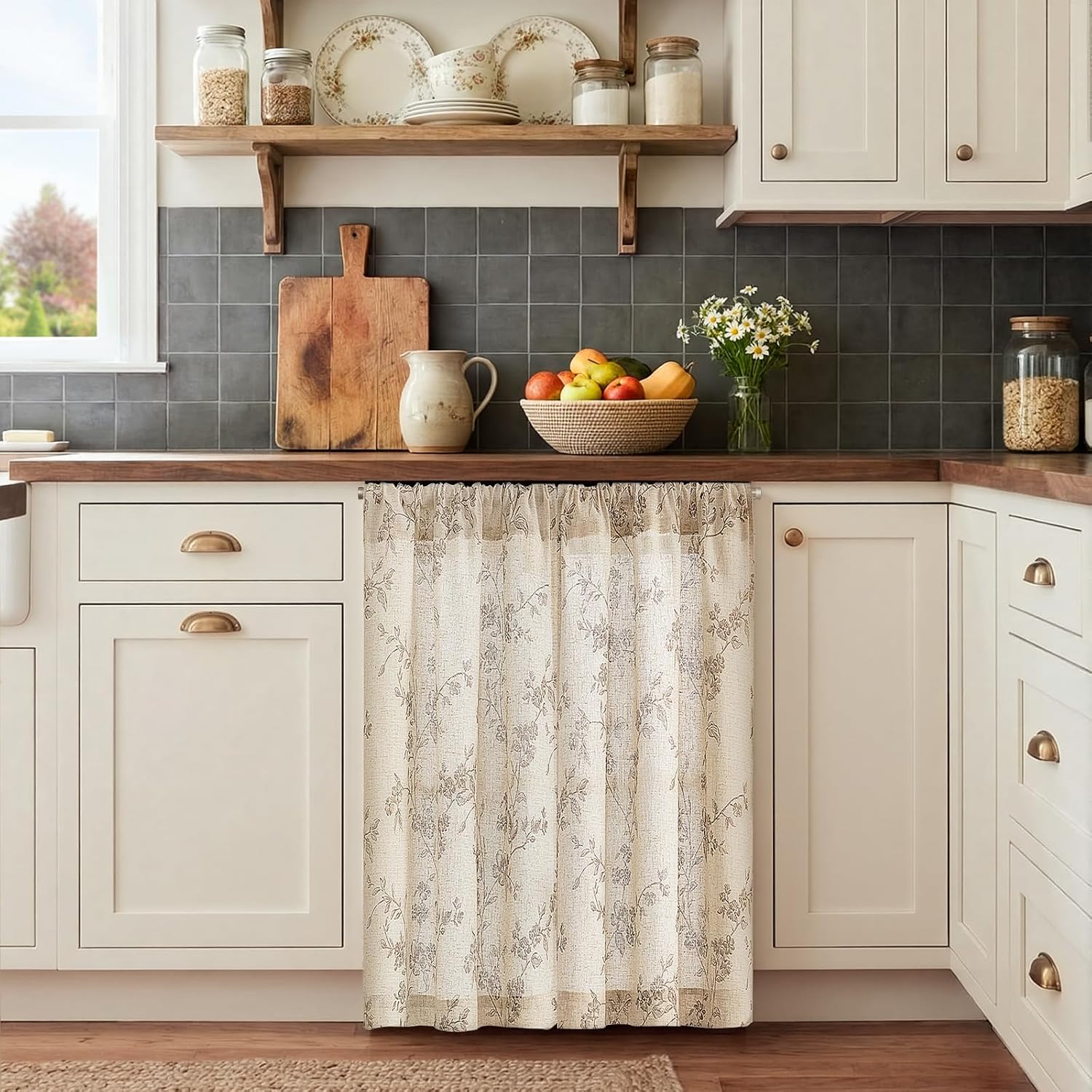 jinchan Floral Kitchen Curtains 36 Inch Linen Tier Curtains Farmhouse Cafe Half Window Drapes Over Sink Light Filtering for Living Room Laundry RV Rod Pocket 2 Panels Taupe on Beige