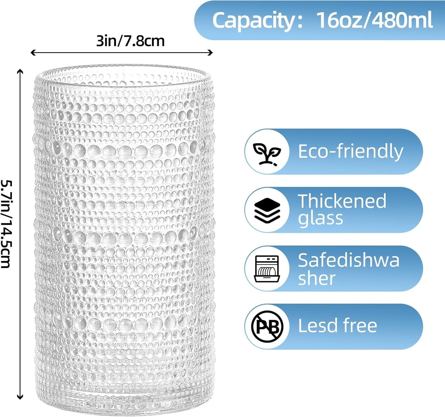 16oz Hobnail Drinking Glasses Set of 6, Vintage Large Capacity Embossed Clear Tumblers, Highball Glasses for Water, Cocktail, Beer, Whiskey, Juice & Bar Use - Image 2