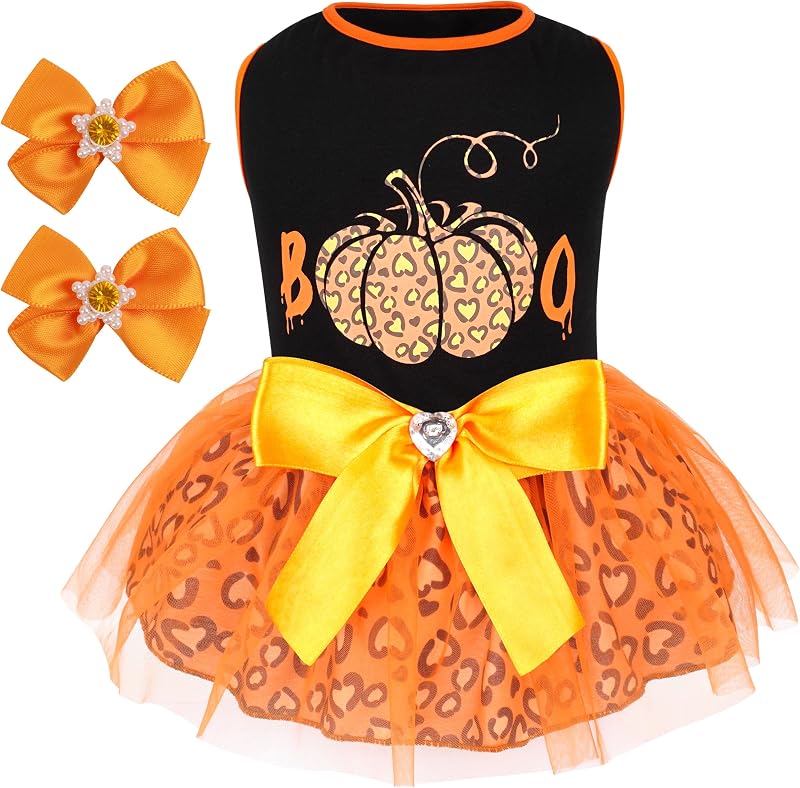 Vestido de Halloween para Cães cyeollo com Estampa de Abóbora, Tule e Laço de Pelo — Tamanho L