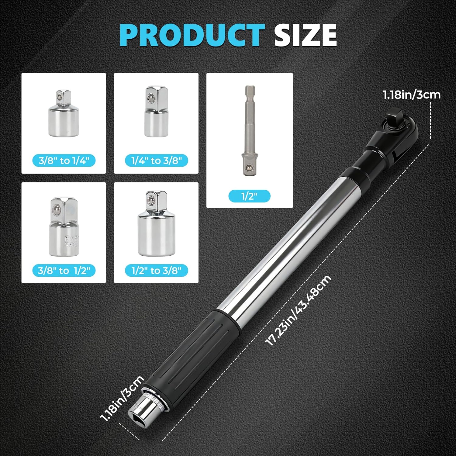 Offset Extension Wrench for Electric Drill - 4 Socket Adapters + 1/2" Drill Adapter, Impact Wrench Extender for Tight Spaces, Slim Design Socket Set Accessory