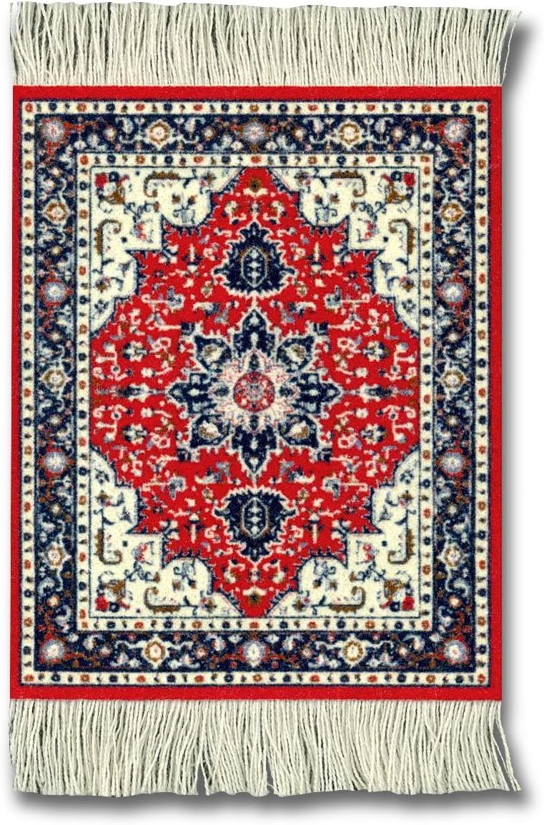 Lextra Tabriz Heriz CoasterRug, Red, Navy and White, 5.5 x 3.5 Inches, Set of Four (ATH-C)