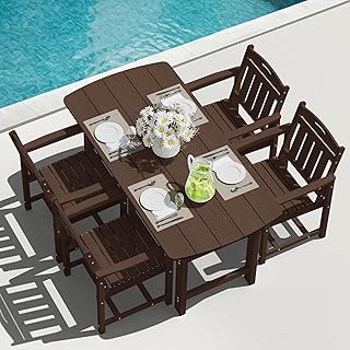 5-Piece Outdoor Dining Furniture Set with Chairs, All-Weather HDPE Patio Table and 6 Chairs, Umbrella Hole, for Garden Backyard or Deck - Brown - Buy now