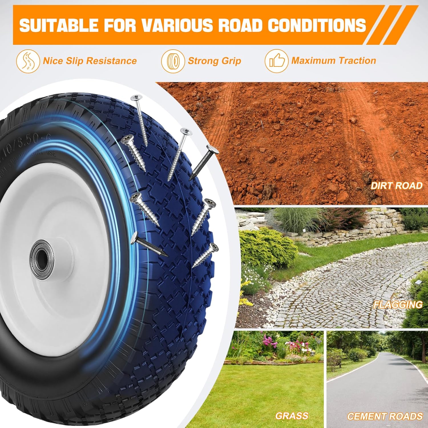 Yesker 4.10/3.50-6" Tires and Wheels Flat-Free, 12" Solid Replacement Tire Wheel with 5/8" Axle Bore for Wheelbarrow, Gorilla Cart, Trolley, Garden Scooter Cart, 2 Pack