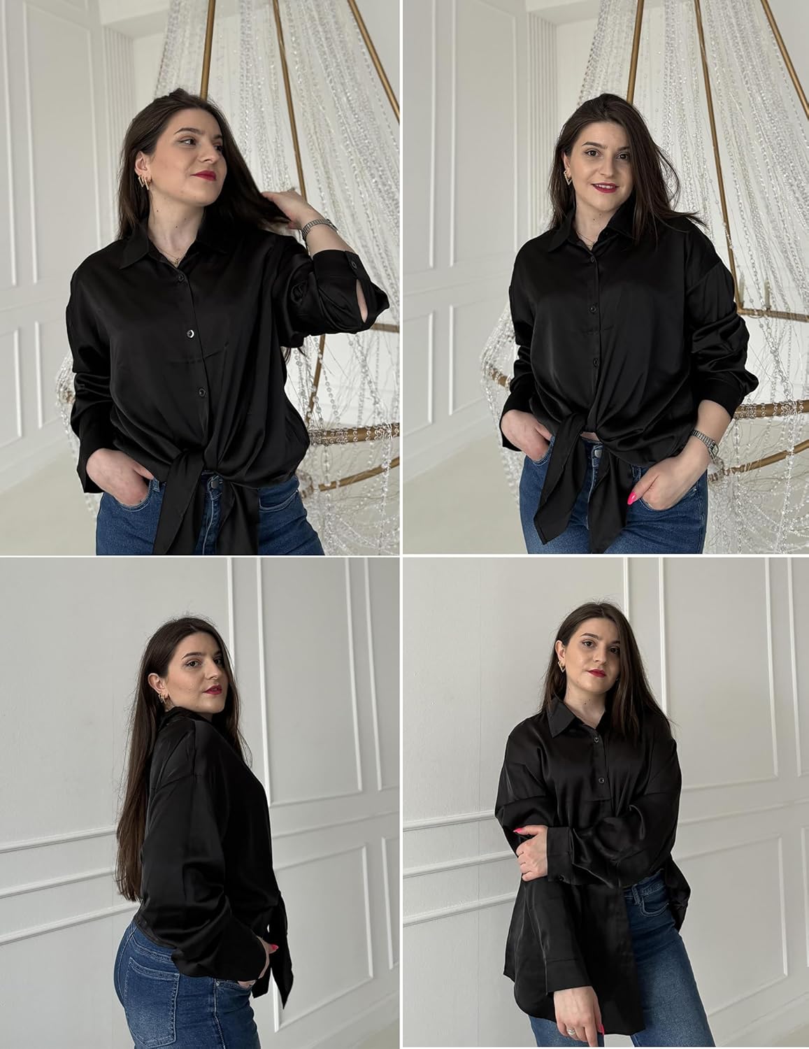 IN'VOLAND Womens Plus Size Satin Blouse Button Down Shirts Casual V Neck Long Sleeve Office Work Tops - Image 4