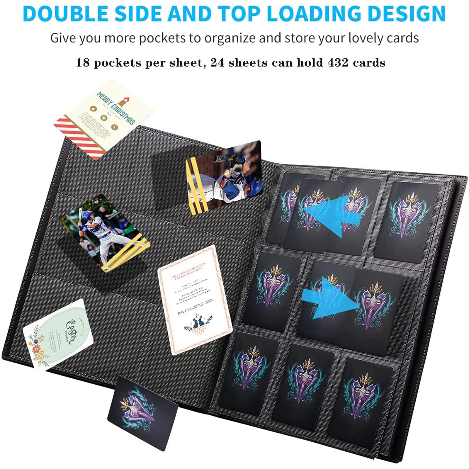 WAIZHIUA 9 Pocket Card Binder, 432 Pockets Trading Cards Binder with Elastic Strap - Image 2