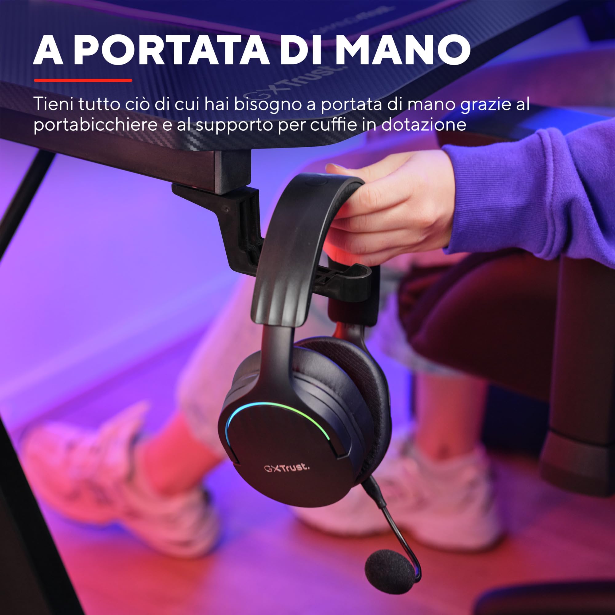 GXTrust Dynamus Scrivania 120 x 60 cm, Tavolo Gaming PC Computer, Nero | Supporto per Cuffie e Portabicchiere, Struttura in Metallo, Sistema di Estione dei Cavi