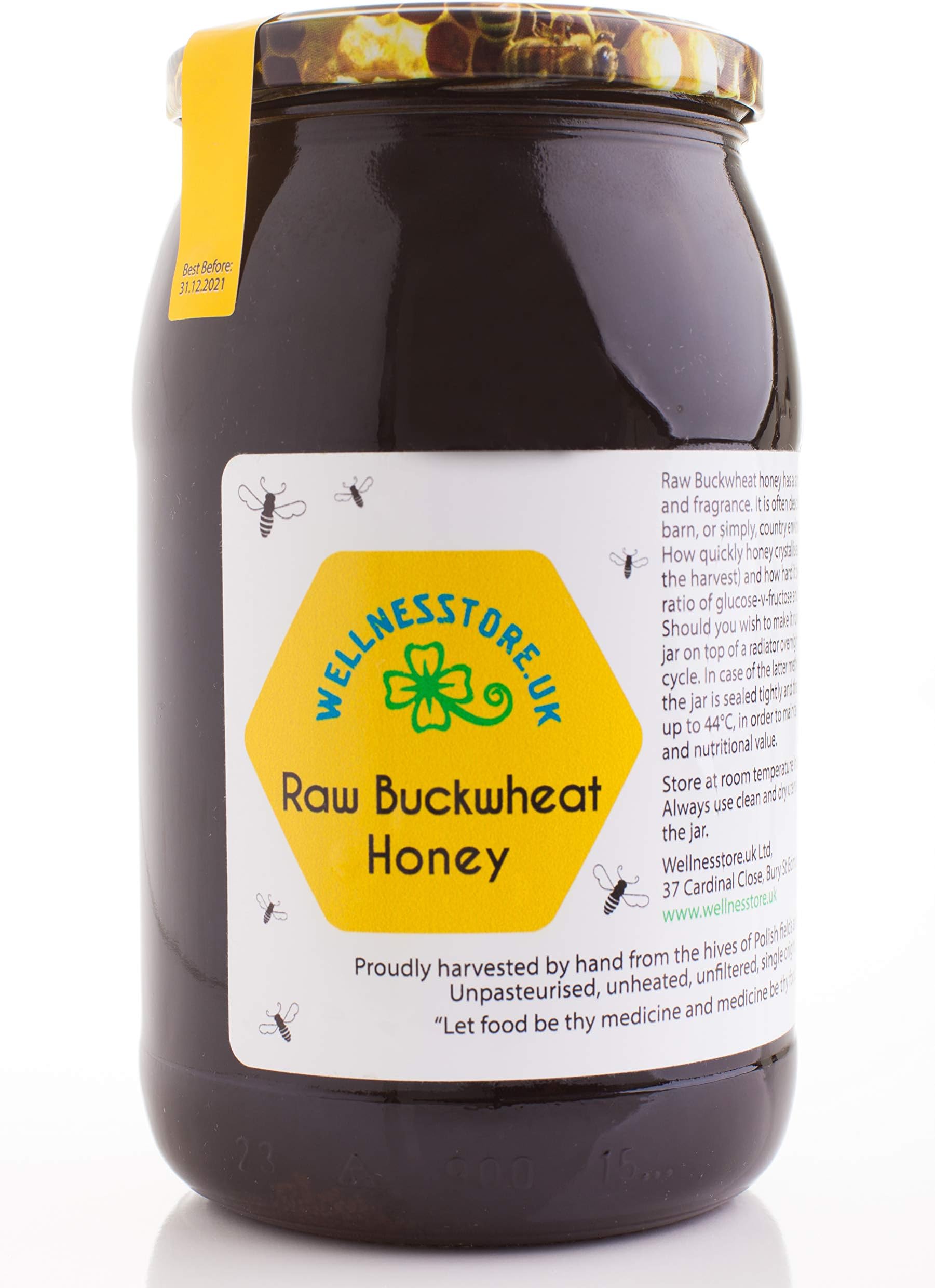 ECO RAW BUCKWHEAT Honey 1.25kg Pure Natural Unpasteurised Dark Honey in a Glass Jar Unfiltered Unheated Unprocessed from Non-Sugar Fed Bees Wellnesstore.uk