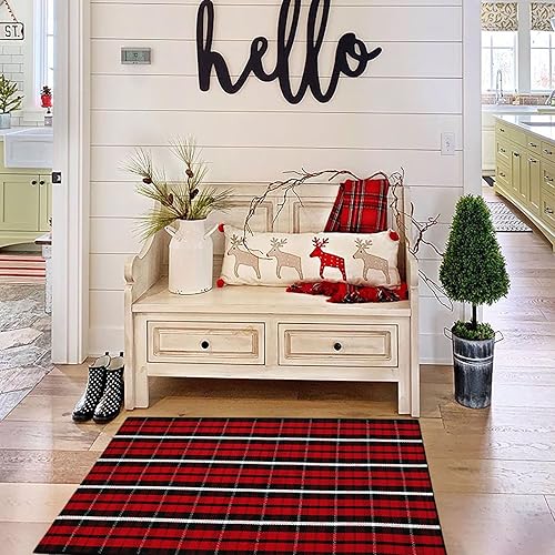 Miniatura 9 de Alfombra de Navidad a cuadros para exteriores, 27.5 x 43 pulgadas, rojo y negro, alfombra de área para interiores y exteriores, alfombra de capas