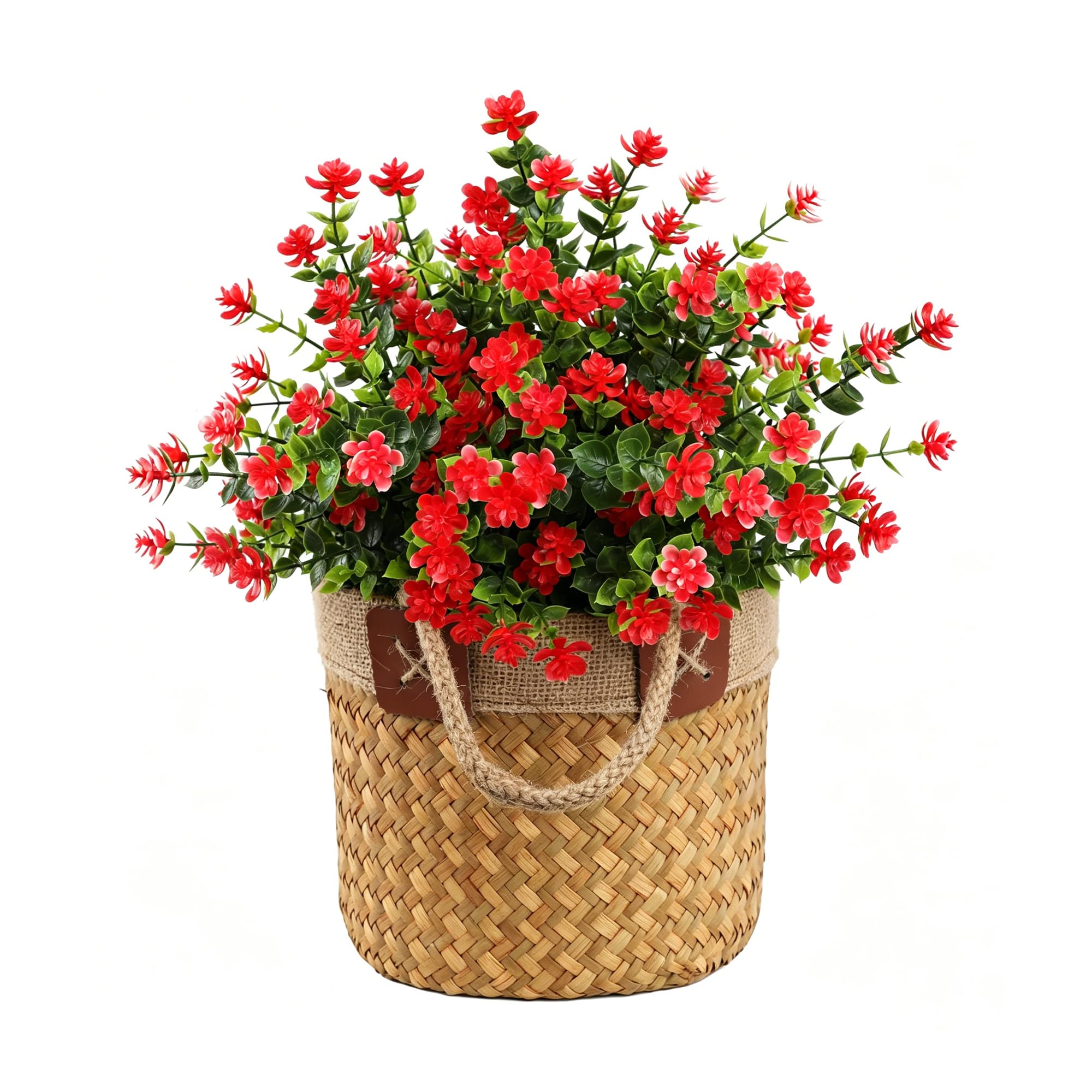 binandtem 8 Bundles Artificial Flowers (6 Bundles Flower + 2 Greenery Grass), Faux Plastic Plants with Bendable Stems, UV Resistant Outdoor Floral for Garden, Porch Baskets & Indoor Décor - Red