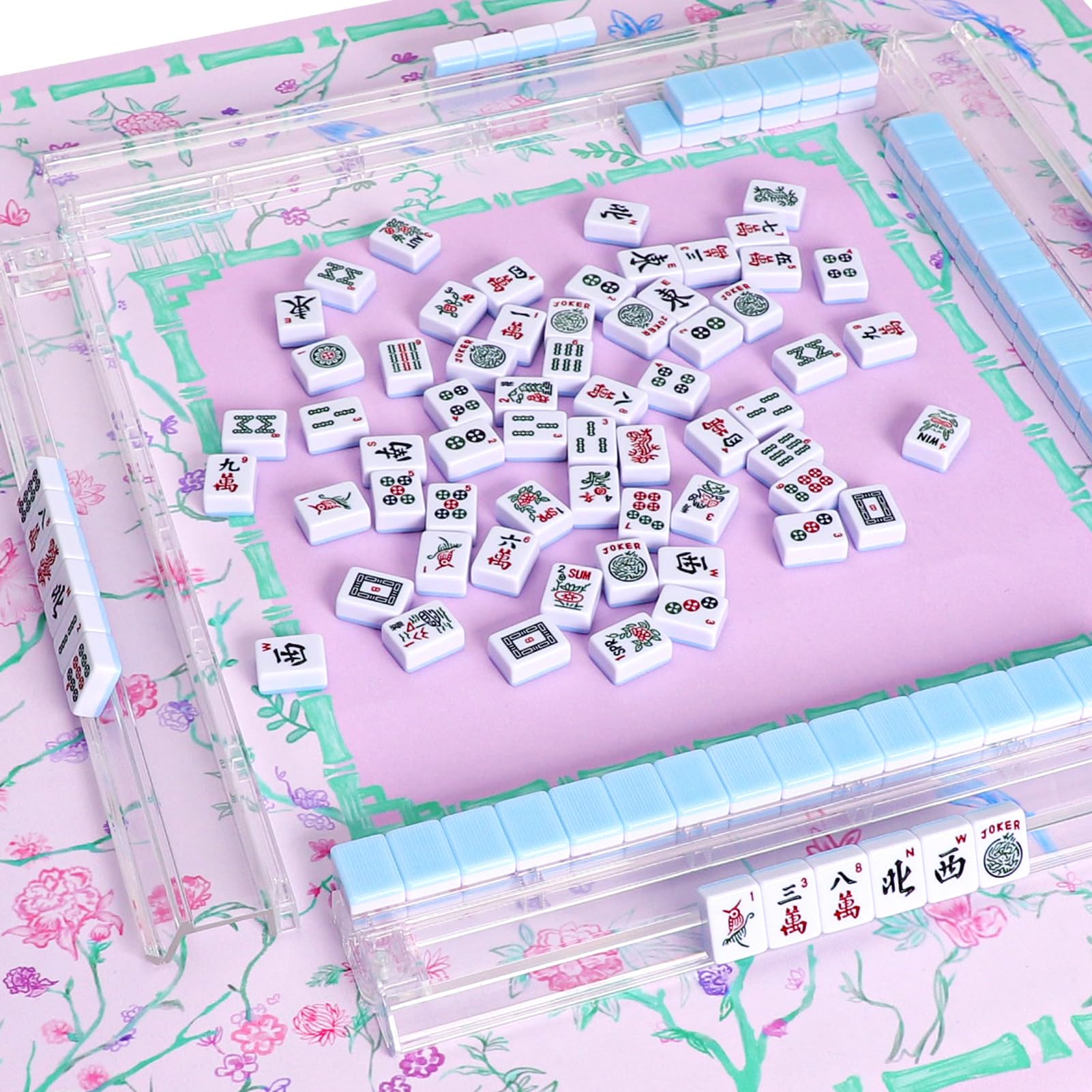 TIASUSAN Fioletowo-zielona mata mahjong (80 cm x 80 cm) z czarną torbą do przenoszenia, antypoślizgowa, redukująca hałas pokrowiec na stół do mahjonga, pokera, gier planszowych, domino i gier