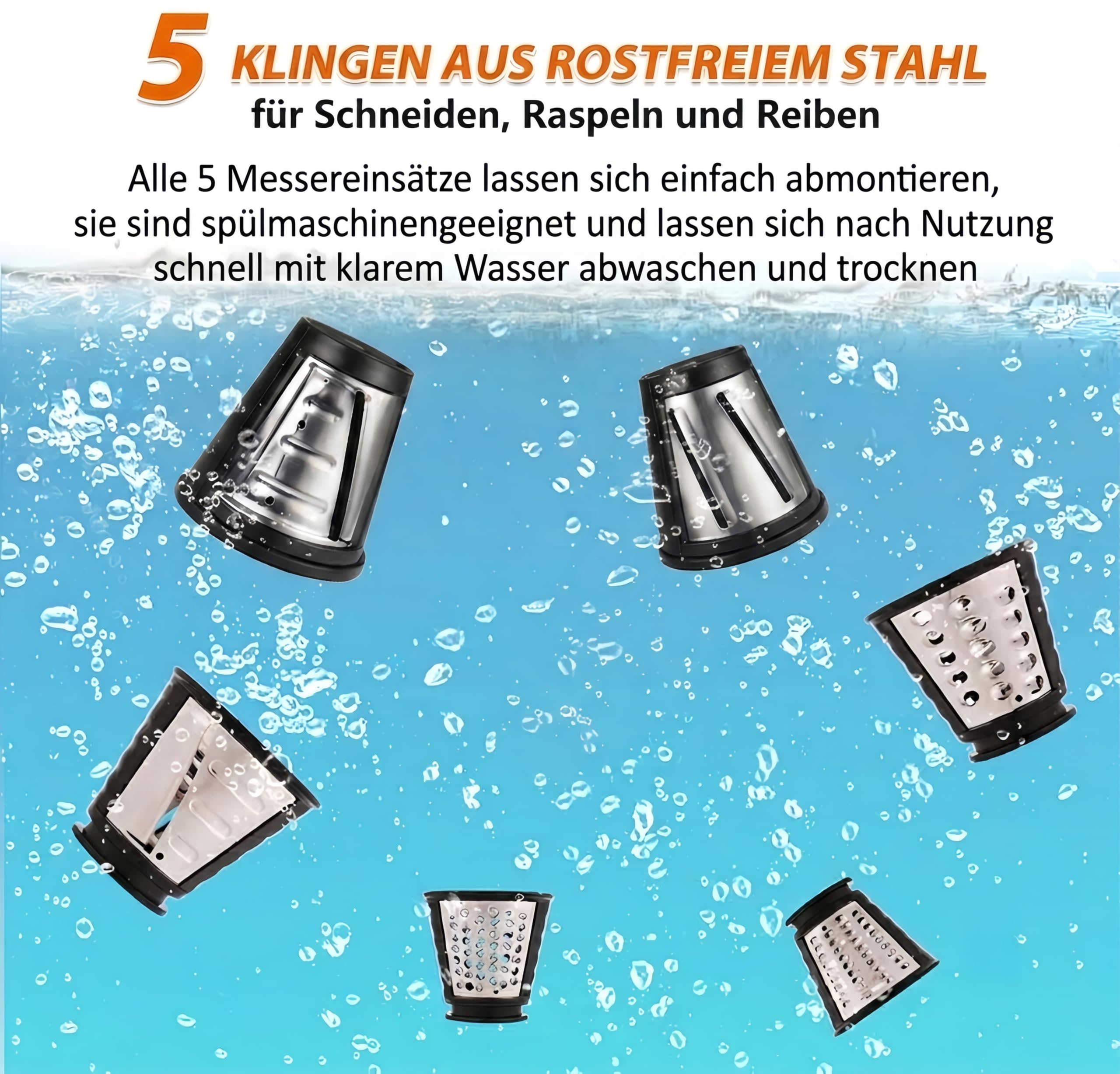 Elektrischer Gemüsehobel 500W, 5-in-1 Multifunktionaler Gemüseschneider mit 5 austauschbaren Klingen, Edelstahl Käseraspel für Kartoffeln, Karotten, Obst und Käse