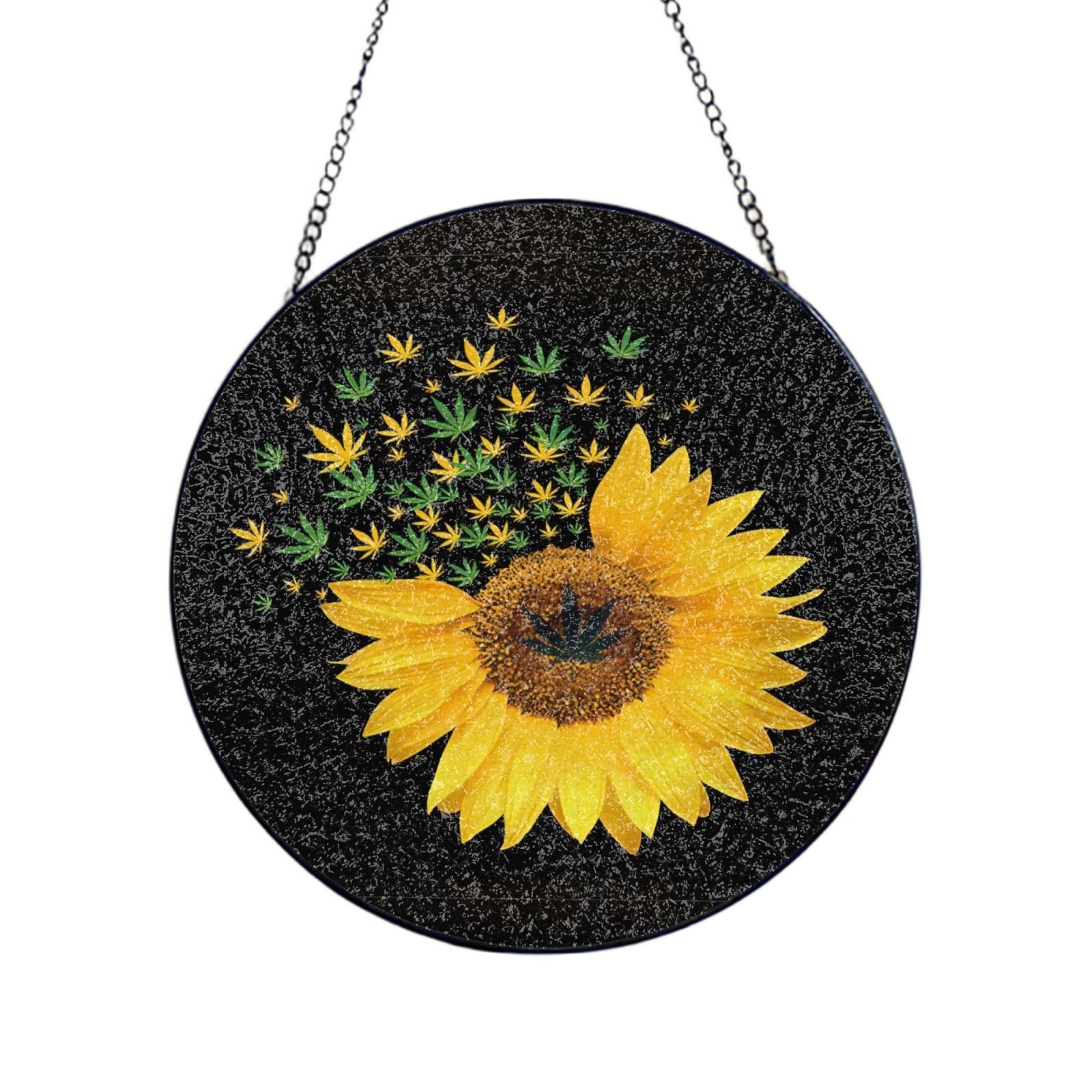 Phayah Weed With Sunflower Print Glass Window Hanging Sun Catchers Suncatcher Decor For Birthday For Home Garden Porch 12in（30cm）