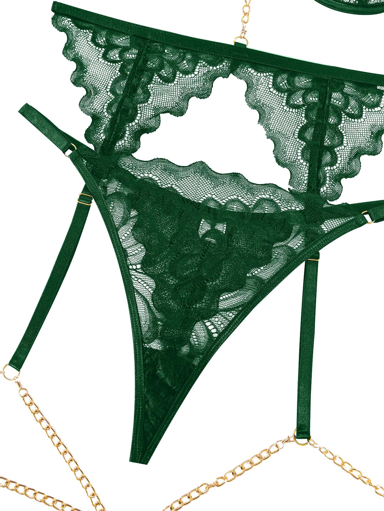 Lilosy Sexy Choker Floral Lace Scallop Sheer Underwire Push Up Garter Belt Lingerie Set 3 Piece: Medium Chain Army Green
