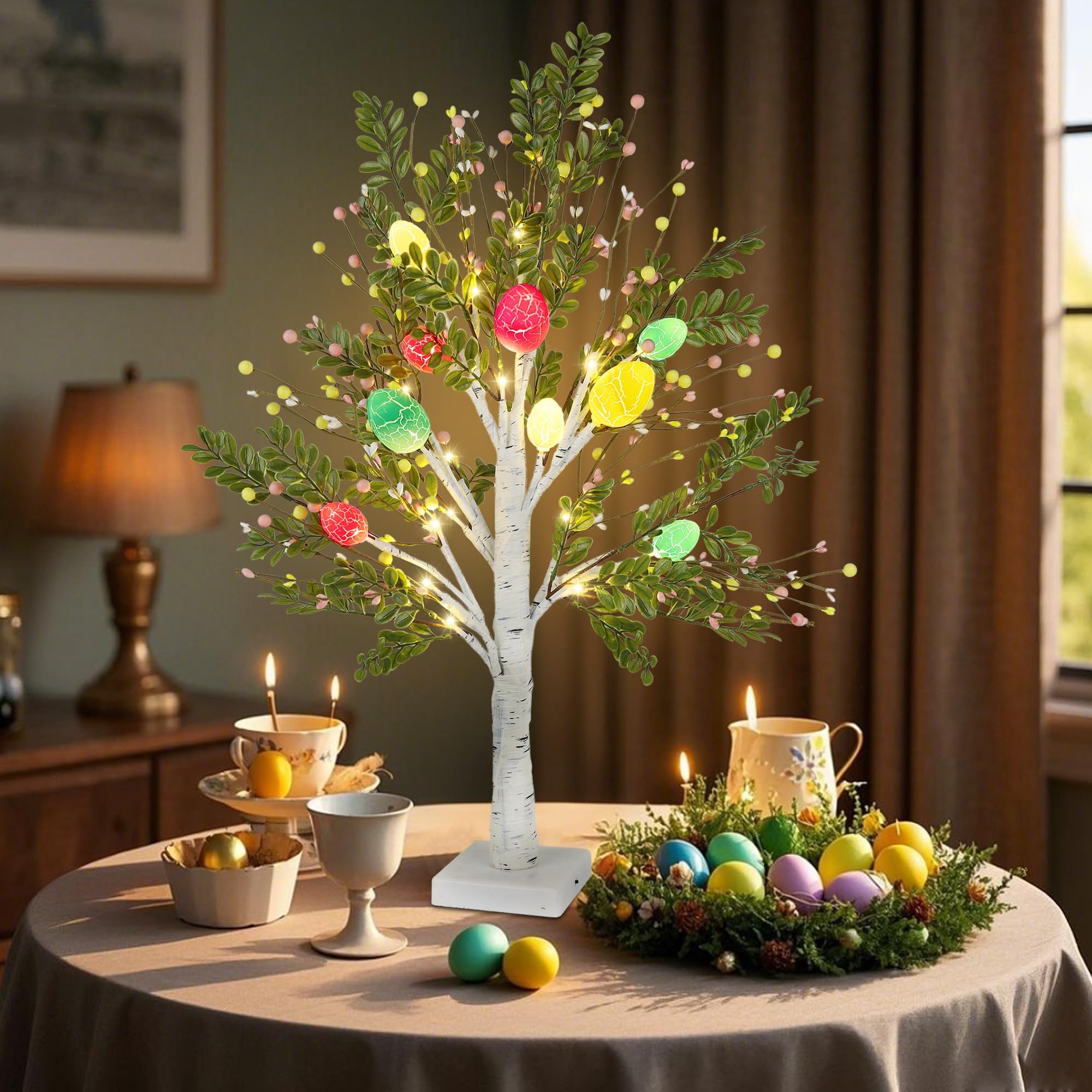 DR.DUDU 27 Inch Easter Decorations for Home – 2 Pack Lighted Easter Trees, Light Up Birch Trees with Easter Egg, Tabletop Spring Decor for Mantel Indoor Office