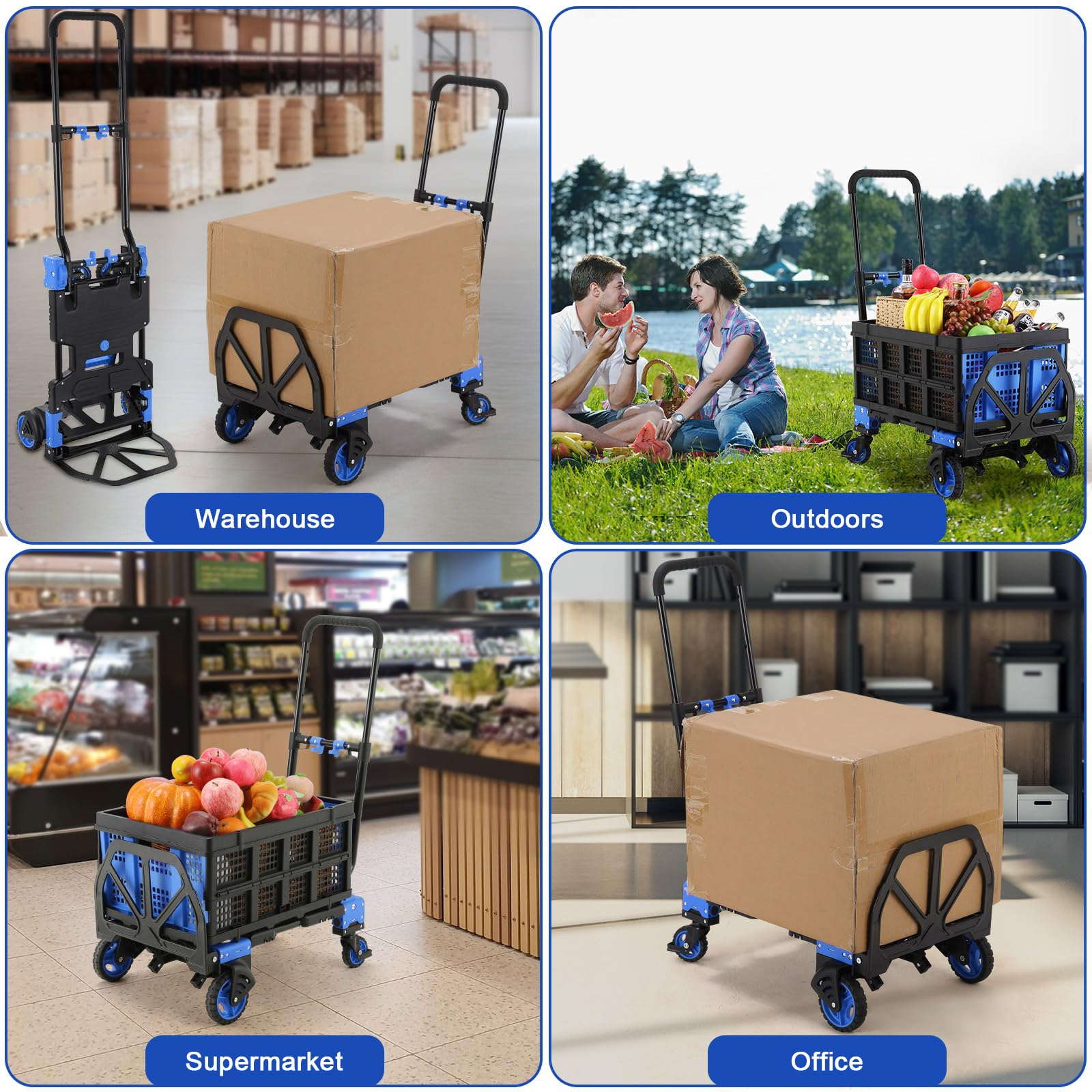 Wózek transportowy 2 w 1 i wózek platformowy ze składanym pudełkiem, wózek transportowy, składany maks. 150 kg, wózek transportowy, 2 gumki napinające z haczykami, 3-stopniowa regulacja wysokości, do