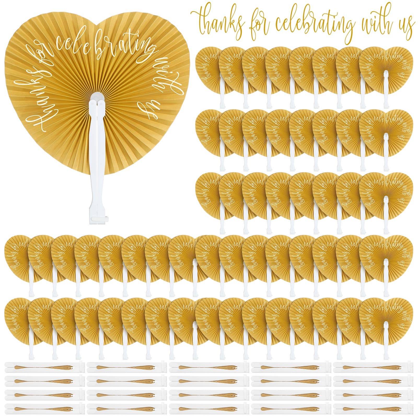 Photo 1 of 120 Pcs Gold Heart Paper Hand Held Wedding Fans Bulk 9'' Paper Folding Fans for Weddings Foldable Fan Bridesmaid Gift for Guest Bridal Shower Dancing Party DIY Craft Photo Props Wall Decoration